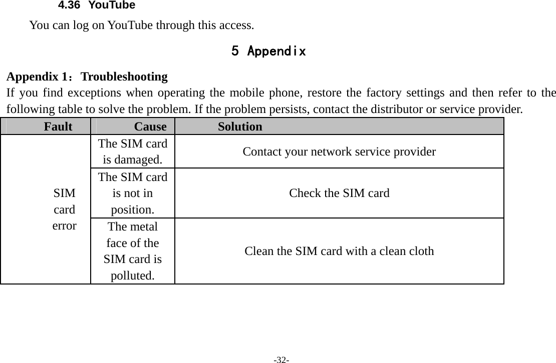 -32- 4.36 YouTube      You can log on YouTube through this access. 5 Appendix Appendix 1：Troubleshooting If you find exceptions when operating the mobile phone, restore the factory settings and then refer to the following table to solve the problem. If the problem persists, contact the distributor or service provider. Fault  Cause  Solution SIM card error The SIM card is damaged.  Contact your network service provider The SIM card is not in position. Check the SIM card The metal face of the SIM card is polluted. Clean the SIM card with a clean cloth 