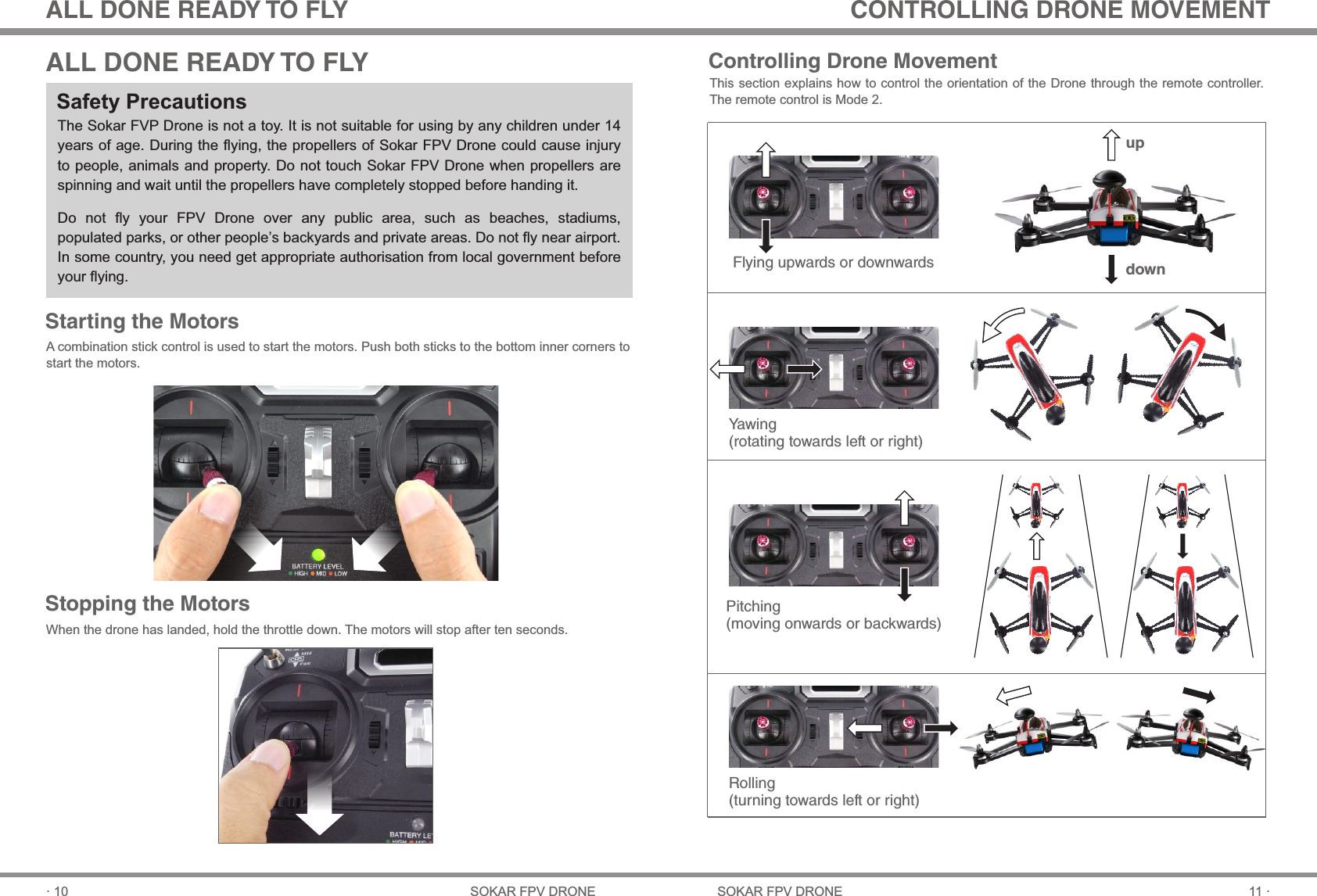 Starting the MotorsA combination stick control is used to start the motors. Push both sticks to the bottom inner corners to start the motors. Stopping the MotorsWhen the drone has landed, hold the throttle down. The motors will stop after ten seconds.11 ·SOKAR FPV DRONE· 10 SOKAR FPV DRONEThis section explains how to control the orientation of the Drone through the remote controller. The remote control is Mode 2.Flying upwards or downwardsYawing(rotating towards left or right)Pitching(moving onwards or backwards)Rolling(turning towards left or right)Controlling Drone MovementALL DONE READY TO FLYThe Sokar FVP Drone is not a toy. It is not suitable for using by any children under 14 years of age. During the flying, the propellers of Sokar FPV Drone could cause injury to people, animals and property. Do not touch Sokar FPV Drone when propellers are spinning and wait until the propellers have completely stopped before handing it.Do  not  fly  your  FPV  Drone  over  any  public  area,  such  as  beaches,  stadiums, populated parks, or other people’s backyards and private areas. Do not fly near airport. In some country, you need get appropriate authorisation from local government before your flying. Safety Precautions ALL DONE READY TO FLY CONTROLLING DRONE MOVEMENTupdown