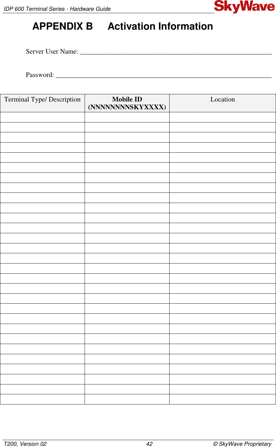 IDP 600 Terminal Series - Hardware Guide T200, Version 02                                                                42                                       © SkyWave Proprietary APPENDIX B  Activation Information  Server User Name: ________________________________________________________  Password: _______________________________________________________________  Terminal Type/ Description Mobile ID (NNNNNNNNSKYXXXX) Location                                                                                         