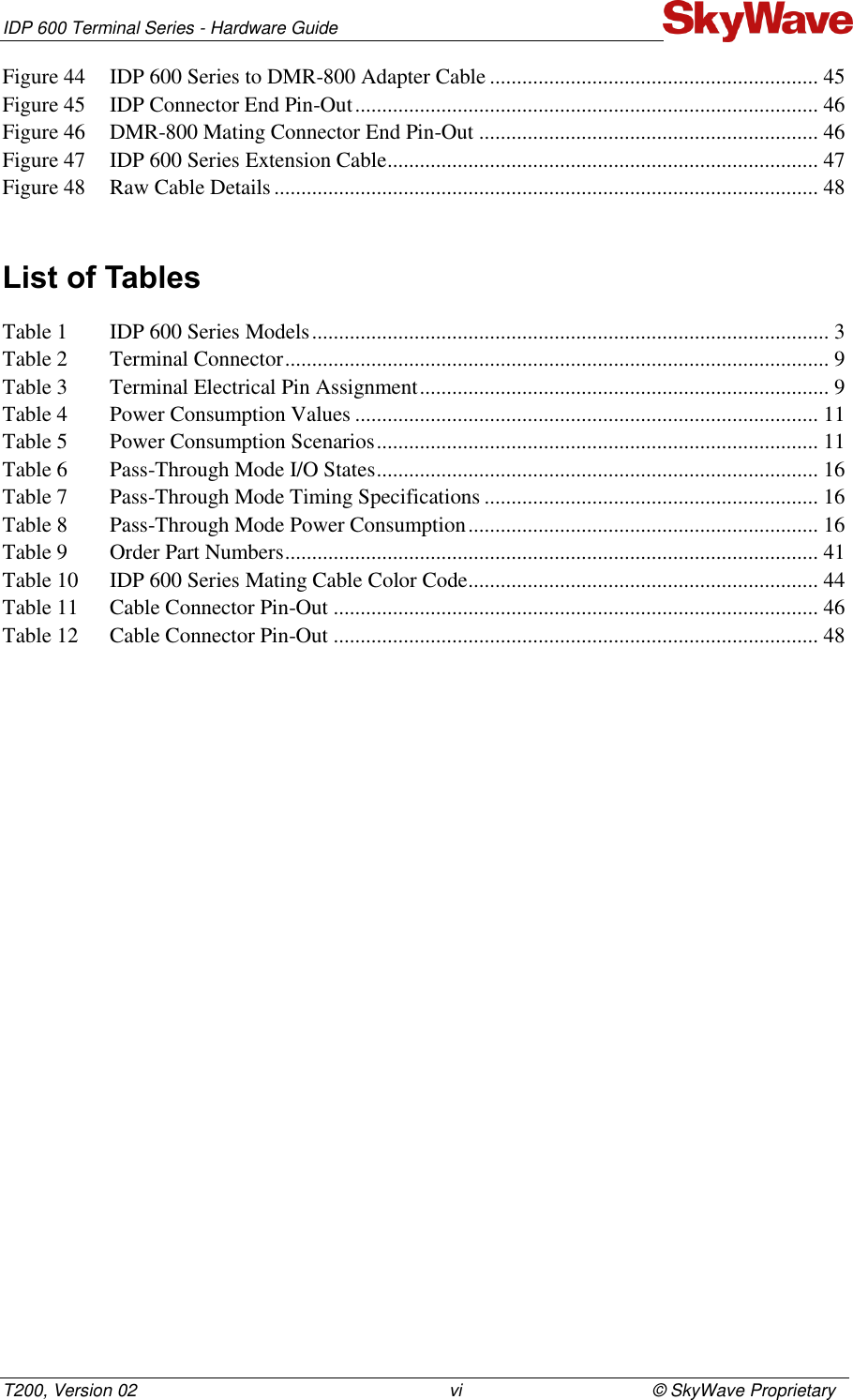IDP 600 Terminal Series - Hardware Guide T200, Version 02                                                                vi                                       © SkyWave Proprietary Figure 44 IDP 600 Series to DMR-800 Adapter Cable ............................................................. 45 Figure 45 IDP Connector End Pin-Out ...................................................................................... 46 Figure 46 DMR-800 Mating Connector End Pin-Out ............................................................... 46 Figure 47 IDP 600 Series Extension Cable ................................................................................ 47 Figure 48 Raw Cable Details ..................................................................................................... 48  List of Tables Table 1 IDP 600 Series Models ................................................................................................ 3 Table 2 Terminal Connector ..................................................................................................... 9 Table 3 Terminal Electrical Pin Assignment ............................................................................ 9 Table 4 Power Consumption Values ...................................................................................... 11 Table 5 Power Consumption Scenarios .................................................................................. 11 Table 6 Pass-Through Mode I/O States .................................................................................. 16 Table 7 Pass-Through Mode Timing Specifications .............................................................. 16 Table 8 Pass-Through Mode Power Consumption ................................................................. 16 Table 9 Order Part Numbers ................................................................................................... 41 Table 10 IDP 600 Series Mating Cable Color Code ................................................................. 44 Table 11 Cable Connector Pin-Out .......................................................................................... 46 Table 12 Cable Connector Pin-Out .......................................................................................... 48    