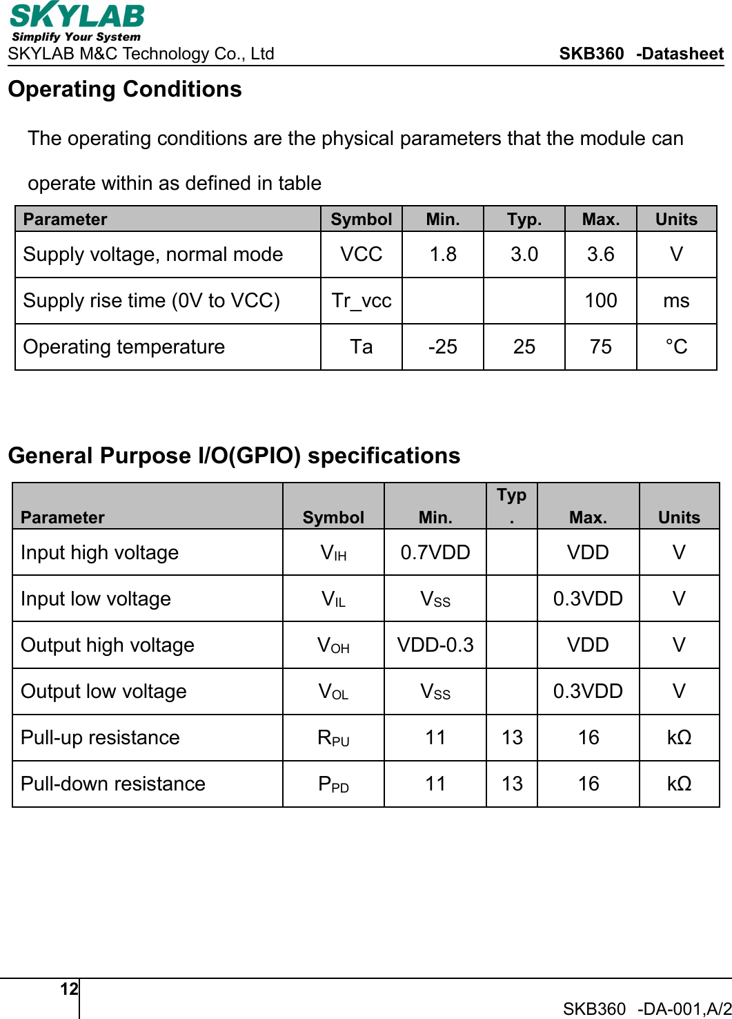 SKYLAB M&amp;C Technology Co., Ltd SKB360 -Datasheet12SKB360 -DA-001,A/2Operating ConditionsThe operating conditions are the physical parameters that the module canoperate within as defined in tableParameter Symbol Min. Typ. Max. UnitsSupply voltage, normal mode VCC 1.8 3.0 3.6 VSupply rise time (0V to VCC) Tr_vcc 100 msOperating temperature Ta -25 25 75 &deg;CGeneral Purpose I/O(GPIO) specificationsParameter Symbol Min.Typ.Max. UnitsInput high voltage VIH 0.7VDD VDD VInput low voltage VIL VSS 0.3VDD VOutput high voltage VOH VDD-0.3 VDD VOutput low voltage VOL VSS 0.3VDD VPull-up resistance RPU 11 13 16 k&Omega;Pull-down resistance PPD 11 13 16 k&Omega;