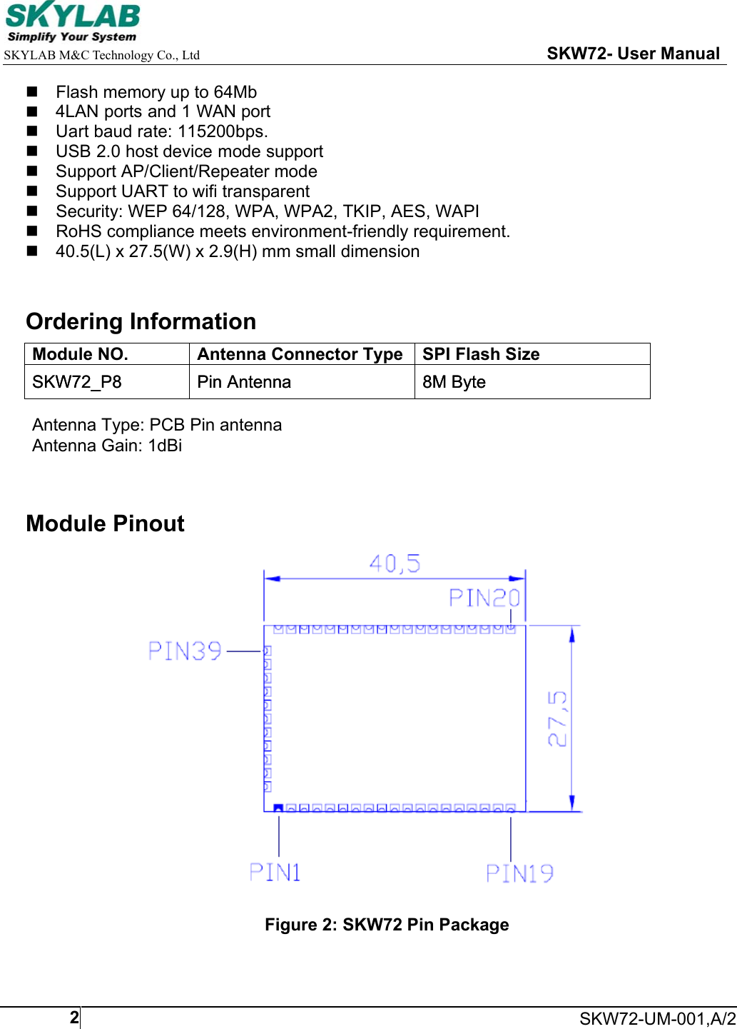     SKYLAB M&amp;C Technology Co., Ltd                                                     SKW72- User Manual     SKW72-UM-001,A/22  Flash memory up to 64Mb  4LAN ports and 1 WAN port  Uart baud rate: 115200bps.    USB 2.0 host device mode support  Support AP/Client/Repeater mode  Support UART to wifi transparent   Security: WEP 64/128, WPA, WPA2, TKIP, AES, WAPI   RoHS compliance meets environment-friendly requirement.   40.5(L) x 27.5(W) x 2.9(H) mm small dimension  Ordering Information Module NO.  Antenna Connector Type SPI Flash Size SKW72_P8  Pin Antenna  8M Byte Module Pinout             Figure 2: SKW72 Pin PackageSKW72_P8  Pin Antenna  8M Byte Antenna Type: PCB Pin antennaAntenna Gain: 1dBi