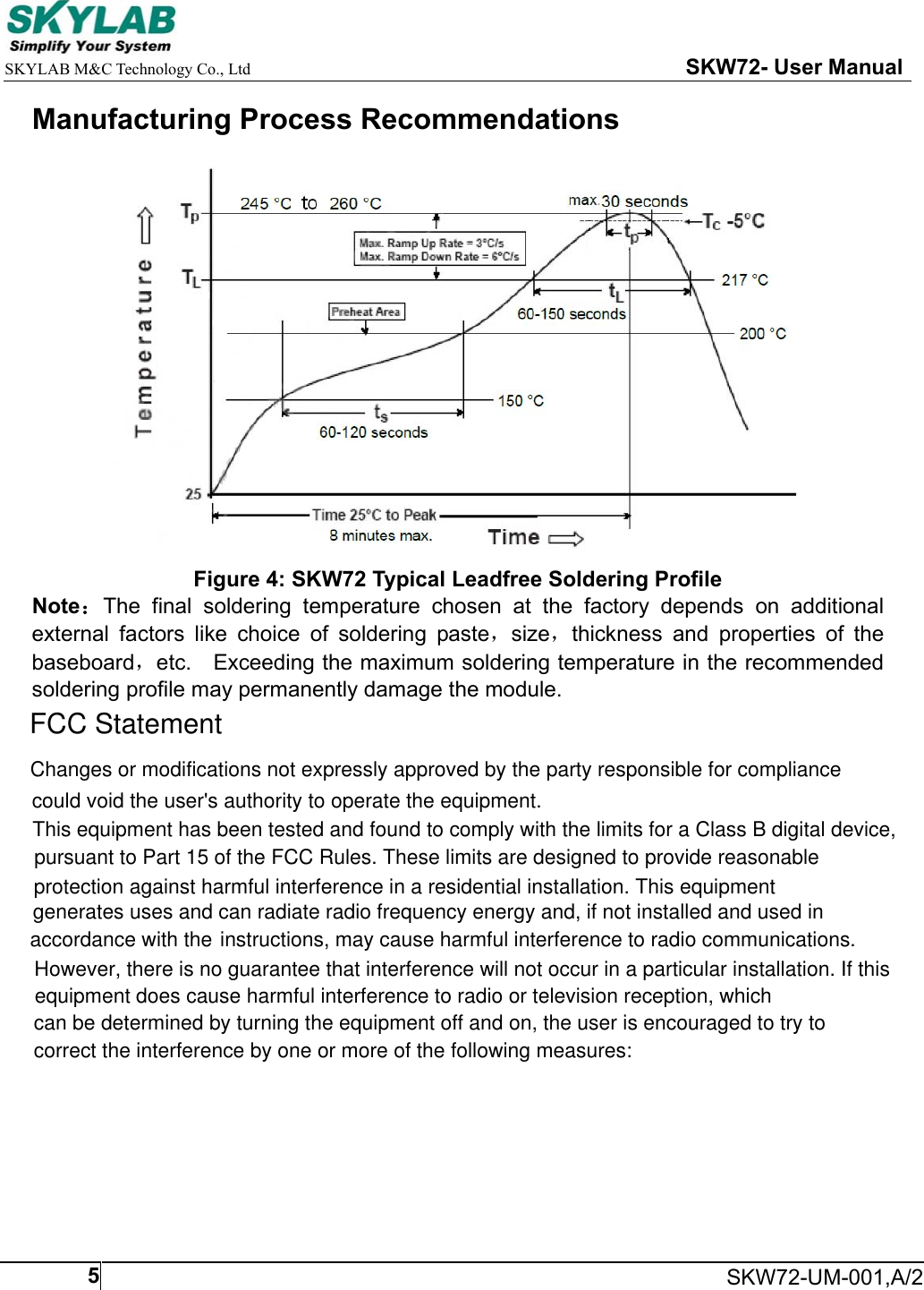     SKYLAB M&amp;C Technology Co., Ltd                                                     SKW72- User Manual     SKW72-UM-001,A/25Manufacturing Process Recommendations  Figure 4: SKW72 Typical Leadfree Soldering Profile Note：The  final  soldering  temperature  chosen  at  the  factory  depends  on  additional external  factors  like  choice  of  soldering  paste，size，thickness  and  properties  of  the baseboard，etc.    Exceeding the maximum soldering temperature in the recommended soldering profile may permanently damage the module.    FCC StatementChanges or modifications not expressly approved by the party responsible for compliancecould void the user's authority to operate the equipment.This equipment has been tested and found to comply with the limits for a Class B digital device,pursuant to Part 15 of the FCC Rules. These limits are designed to provide reasonable  protection against harmful interference in a residential installation. This equipment generates uses and can radiate radio frequency energy and, if not installed and used inaccordance with the instructions, may cause harmful interference to radio communications. However, there is no guarantee that interference will not occur in a particular installation. If thisequipment does cause harmful interference to radio or television reception, whichcan be determined by turning the equipment off and on, the user is encouraged to try tocorrect the interference by one or more of the following measures: