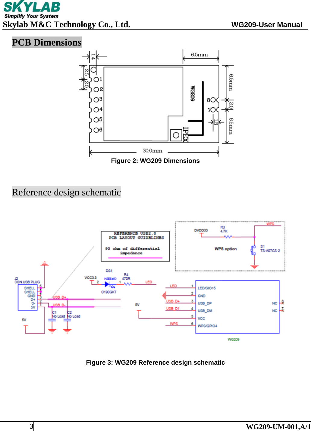     Skylab M&amp;C Technology Co., Ltd.               WG209-User Manual   WG209-UM-001,A/1 3PCB Dimensions  Figure 2: WG209 Dimensions    Reference design schematic       Figure 3: WG209 Reference design schematic 