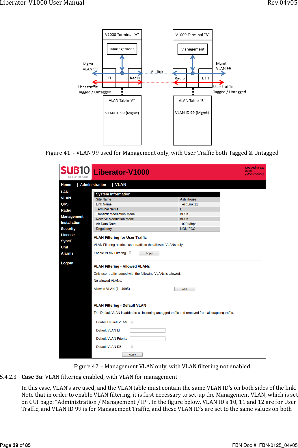 Liberator-V1000 User Manual  Rev 04v05     Page 39 of 85   FBN Doc #: FBN-0125_04v05  Figure 41  - VLAN 99 used for Management only, with User Traffic both Tagged &amp; Untagged  Figure 42  - Management VLAN only, with VLAN filtering not enabled 5.4.2.3 Case 3a: VLAN filtering enabled, with VLAN for management  In this case, VLAN’s are used, and the VLAN table must contain the same VLAN ID’s on both sides of the link. Note that in order to enable VLAN filtering, it is first necessary to set-up the Management VLAN, which is set on GUI page: “Administration / Management / IP”. In the figure below, VLAN ID’s 10, 11 and 12 are for User Traffic, and VLAN ID 99 is for Management Traffic, and these VLAN ID’s are set to the same values on both 