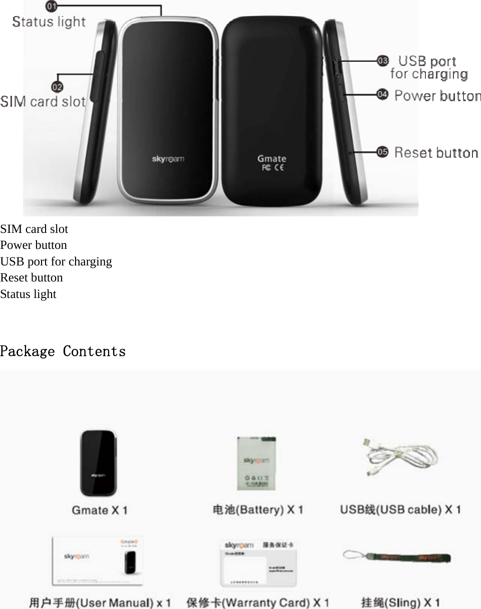    SIM card slot Power button USB port for charging Reset button Status light  Package Contents    