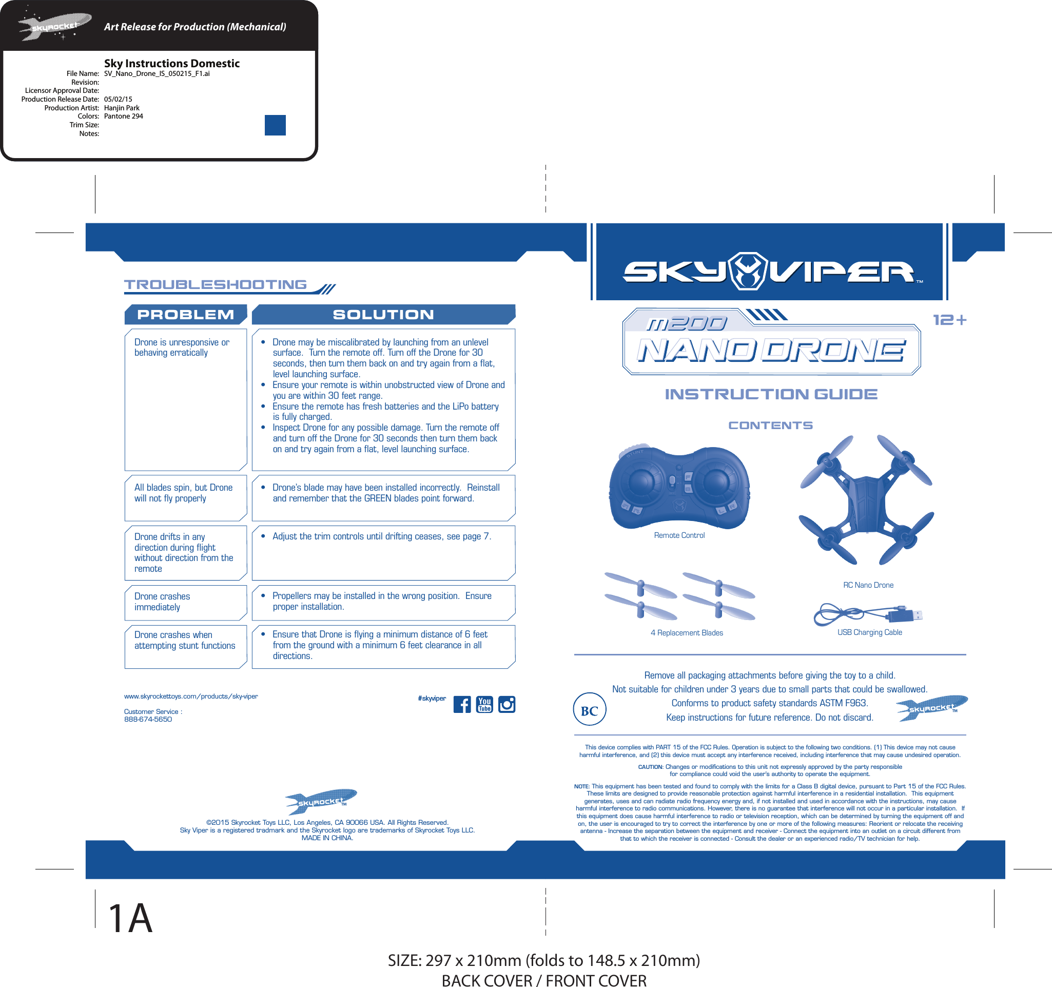 Page 1 of Skyrocket Toys 01529TX24G Sky Viper Nano Quad User Manual SV Nano Drone IS 050215 F1