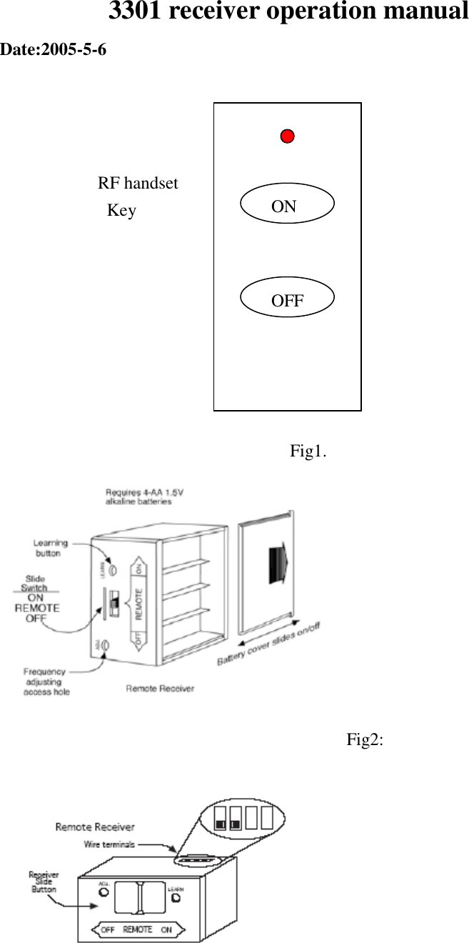 3301 receiver operation manual Date:2005-5-6                         RF handset              Key         Fig1. Fig2:   ONOFF