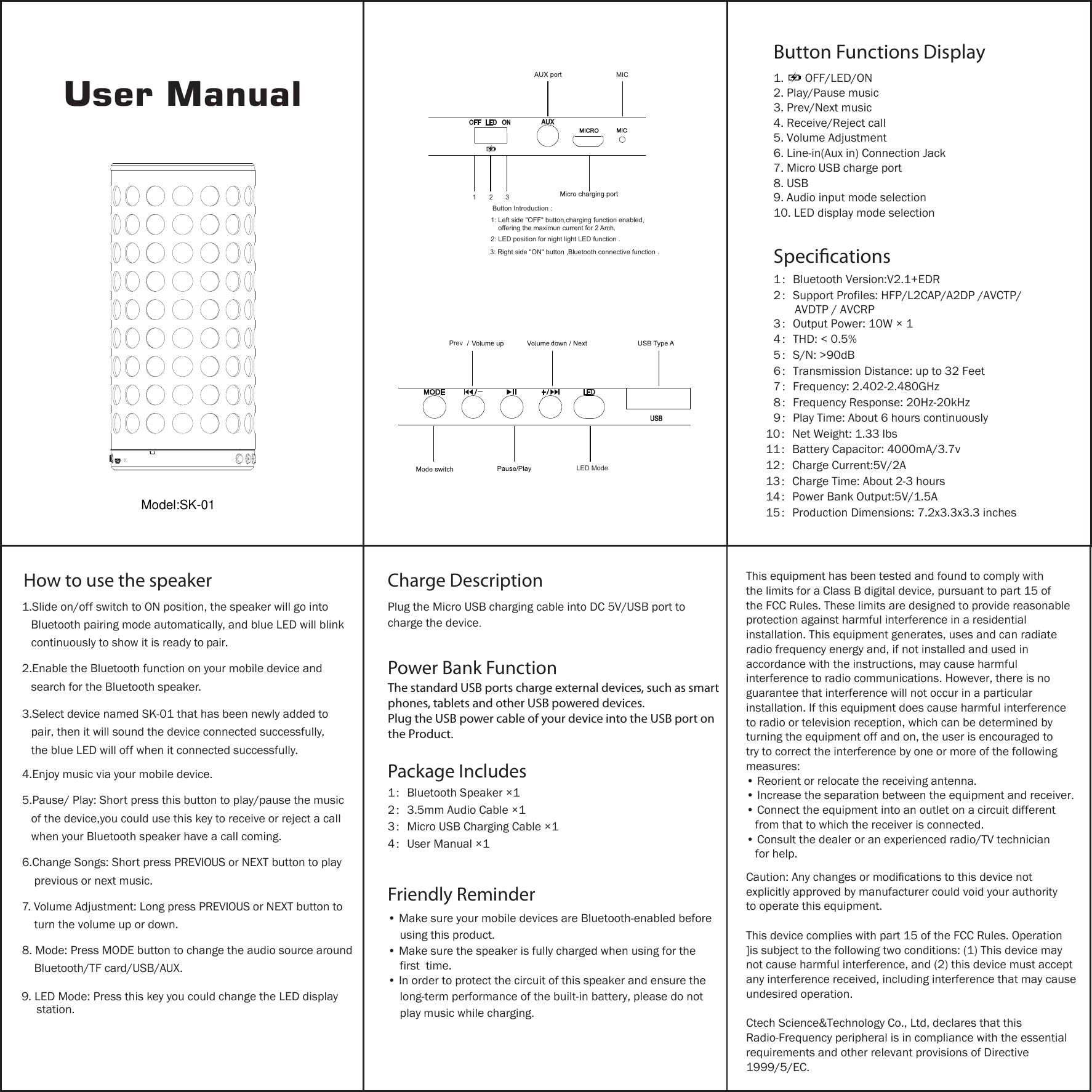 User ManualButton Functions DisplaySpecications2. Play/Pause music3. Prev/Next music 4. Receive/Reject call 5. Volume Adjustment6. Line-in(Aux in) Connection Jack7. Micro USB charge port 8. USB9. Audio input mode selection10. LED display mode selection1：Bluetooth Version:V2.1+EDR2：Support Profiles: HFP/L2CAP/A2DP /AVCTP/        AVDTP / AVCRP3：Output Power: 10W &times; 14：THD: < 0.5%5：S/N: >90dB6：Transmission Distance: up to 32 Feet7：Frequency: 2.402-2.480GHz8：Frequency Response: 20Hz-20kHz9：Play Time: About 6 hours continuously10：Net Weight: 1.33 lbs11：Battery Capacitor: 4000mA/3.7v12：Charge Current:5V/2A13：Charge Time: About 2-3 hours14：Power Bank Output:5V/1.5A15：Production Dimensions: 7.2x3.3x3.3 inchesHow to use the speaker1.Slide on/off switch to ON position, the speaker will go into    Bluetooth pairing mode automatically, and blue LED will blink    continuously to show it is ready to pair.2.Enable the Bluetooth function on your mobile device and    search for the Bluetooth speaker.3.Select device named SK-01 that has been newly added to    pair, then it will sound the device connected successfully,    the blue LED will off when it connected successfully.4.Enjoy music via your mobile device.5.Pause/ Play: Short press this button to play/pause the music    of the device,you could use this key to receive or reject a call    when your Bluetooth speaker have a call coming.6.Change Songs: Short press PREVIOUS or NEXT button to play     previous or next music.7. Volume Adjustment: Long press PREVIOUS or NEXT button to     turn the volume up or down.8. Mode: Press MODE button to change the audio source around     Bluetooth/TF card/USB/AUX.    9. LED Mode: Press this key you could change the LED display       station.1.       OFF/LED/ONCharge DescriptionPlug the Micro USB charging cable into DC 5V/USB port to charge the device.Power Bank FunctionThe standard USB ports charge external devices, such as smartphones, tablets and other USB powered devices.Plug the USB power cable of your device into the USB port onthe Product.Package Includes1：Bluetooth Speaker &times;12：3.5mm Audio Cable &times;13：Micro USB Charging Cable &times;14：User Manual &times;1Friendly Reminder&bull; Make sure your mobile devices are Bluetooth-enabled before     using this product.&bull; Make sure the speaker is fully charged when using for the     first  time. &bull; In order to protect the circuit of this speaker and ensure the     long-term performance of the built-in battery, please do not     play music while charging.LED ModeMIC1 2 3Button Introduction :1: Left side "OFF" button,charging function enabled,    offering the maximun current for 2 Amh.2: LED position for night light LED function .3: Right side "ON" button ,Bluetooth connective function .PrevThis equipment has been tested and found to comply with the limits for a Class B digital device, pursuant to part 15 of the FCC Rules. These limits are designed to provide reasonable protection against harmful interference in a residential installation. This equipment generates, uses and can radiate radio frequency energy and, if not installed and used in accordance with the instructions, may cause harmful interference to radio communications. However, there is no guarantee that interference will not occur in a particular installation. If this equipment does cause harmful interference to radio or television reception, which can be determined by turning the equipment off and on, the user is encouraged to try to correct the interference by one or more of the following measures:&bull; Reorient or relocate the receiving antenna.&bull; Increase the separation between the equipment and receiver.&bull; Connect the equipment into an outlet on a circuit different    from that to which the receiver is connected.&bull; Consult the dealer or an experienced radio/TV technician    for help.Caution: Any changes or modiﬁcations to this device not explicitly approved by manufacturer could void your authority to operate this equipment.This device complies with part 15 of the FCC Rules. Operation ]is subject to the following two conditions: (1) This device may not cause harmful interference, and (2) this device must accept any interference received, including interference that may cause undesired operation.Ctech Science&amp;Technology Co., Ltd, declares that this Radio-Frequency peripheral is in compliance with the essential requirements and other relevant provisions of Directive 1999/5/EC.Model:SK-01