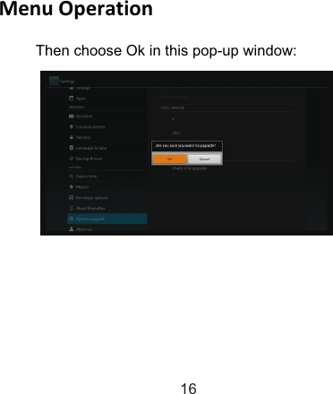 Menu OperationThen choose Ok in this pop-up window:16