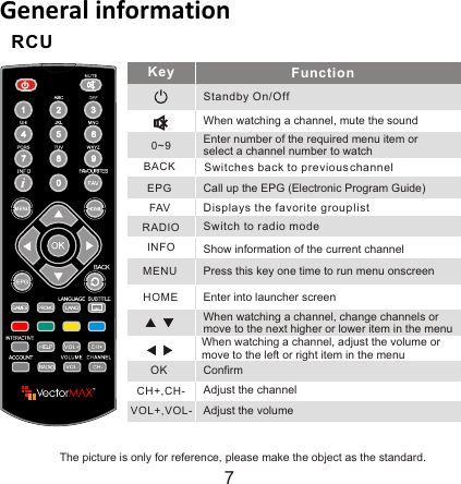 RCUGeneral informationThe picture is only for reference, please make the object as the standard.Key FunctionStandby On/OffWhen watching a channel, mute the sound0~9MENUEnter number of the required menu item orselect a channel number to watchPress this key one time to run menu onscreenDisplays the favorite group listShow information of the current channelFAVINFOWhen watching a channel, change channels ormove to the next higher or lower item in the menuWhen watching a channel, adjust the volume ormove to the left or right item in the menuCall up the EPG (Electronic Program Guide)EPGSwitches back to previous channelBACKHOMECH+,CH-VOL+,VOL-Adjust the channelAdjust the volumeRADIO Switch to radio modeConfirm OK7Enter into launcher screen