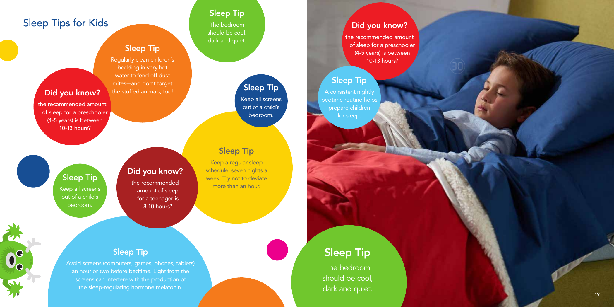 Sleep Tips for KidsIDid you know?the recommended amount  of sleep for a preschooler (4-5 years) is between  10-13 hours?Did you know?the recommended amount  of sleep for a preschooler (4-5 years) is between  10-13 hours?Did you know?the recommended amount of sleep  for a teenager is  8-10 hours?Sleep TipThe bedroom  should be cool,  dark and quiet.Sleep TipThe bedroom  should be cool,  dark and quiet.Sleep TipKeep a regular sleep schedule, seven nights a week. Try not to deviate more than an hour.Sleep TipKeep all screens out of a child’s bedroom.Sleep TipAvoid screens (computers, games, phones, tablets) an hour or two before bedtime. Light from the screens can interfere with the production of  the sleep-regulating hormone melatonin.  Sleep TipRegularly clean children’s bedding in very hot water to fend off dust mites — and don’t forget the stuffed animals, too! Sleep TipKeep all screens out of a child’s bedroom.Sleep TipA consistent nightly bedtime routine helps prepare children  for sleep.18 19