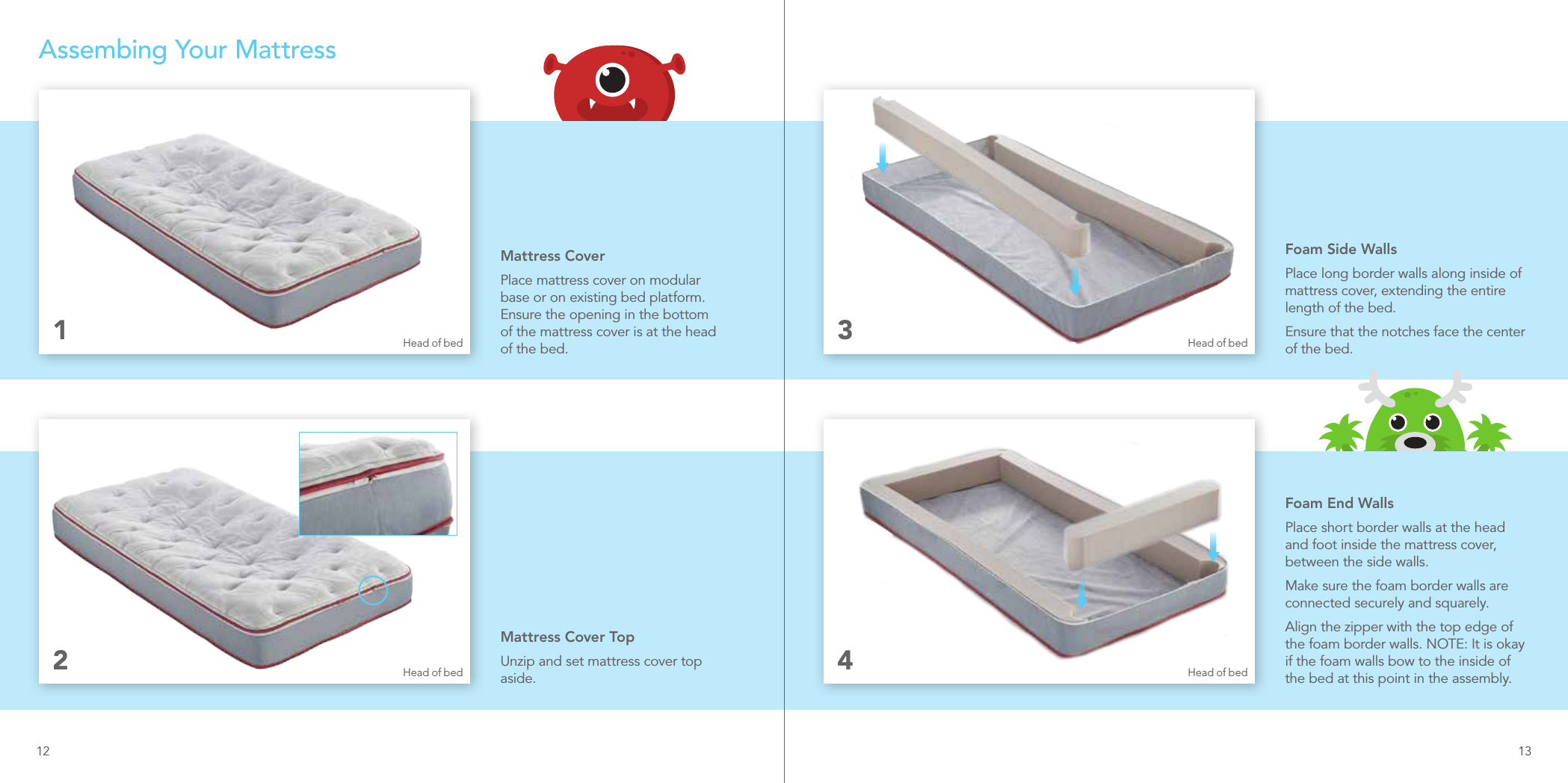 Mattress CoverPlace mattress cover on modular base or on existing bed platform. Ensure the opening in the bottom  of the mattress cover is at the head of the bed. Mattress Cover TopUnzip and set mattress cover top aside.12Assembing Your MattressFoam Side WallsPlace long border walls along inside of mattress cover, extending the entire length of the bed.Ensure that the notches face the center of the bed.Foam End WallsPlace short border walls at the head and foot inside the mattress cover, between the side walls.Make sure the foam border walls are connected securely and squarely.Align the zipper with the top edge of the foam border walls. NOTE: It is okay if the foam walls bow to the inside of the bed at this point in the assembly.34Head of bed Head of bedHead of bed Head of bed12 13