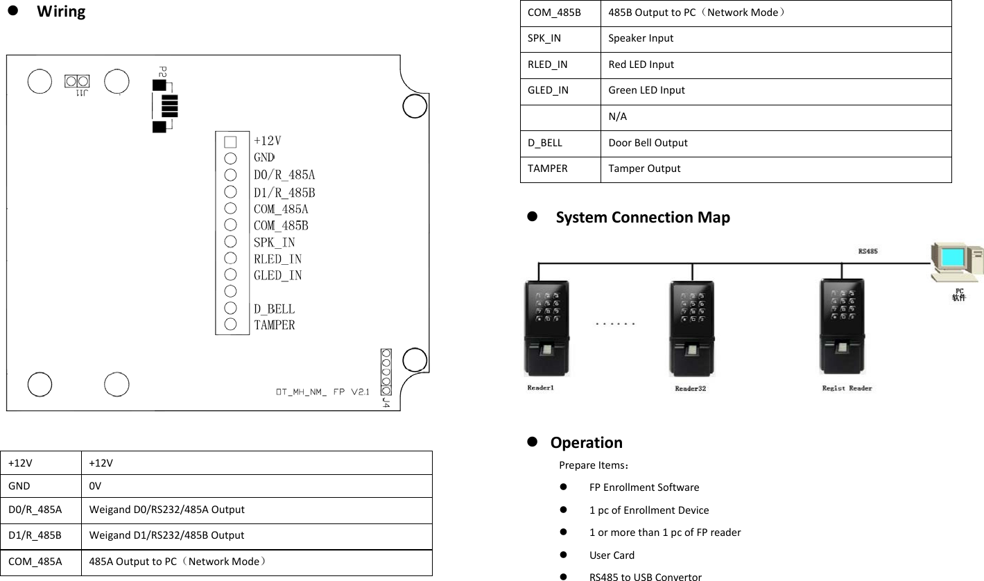  Wiring+12V+12VGND0VD0/R_485AWeigandD0/RS232/485AOutputD1/R_485BWeigandD1/RS232/485BOutputCOM_485A485AOutputtoPC（NetworkMode）COM_485B485BOutputtoPC（NetworkMode）SPK_INSpeakerInputRLED_INRedLEDInputGLED_INGreenLEDInputN/AD_BELLDoorBellOutputTAMPERTamperOutput SystemConnectionMap OperationPrepareItems： FPEnrollmentSoftware 1pcofEnrollmentDevice 1ormorethan1pcofFPreader UserCard RS485toUSBConvertor