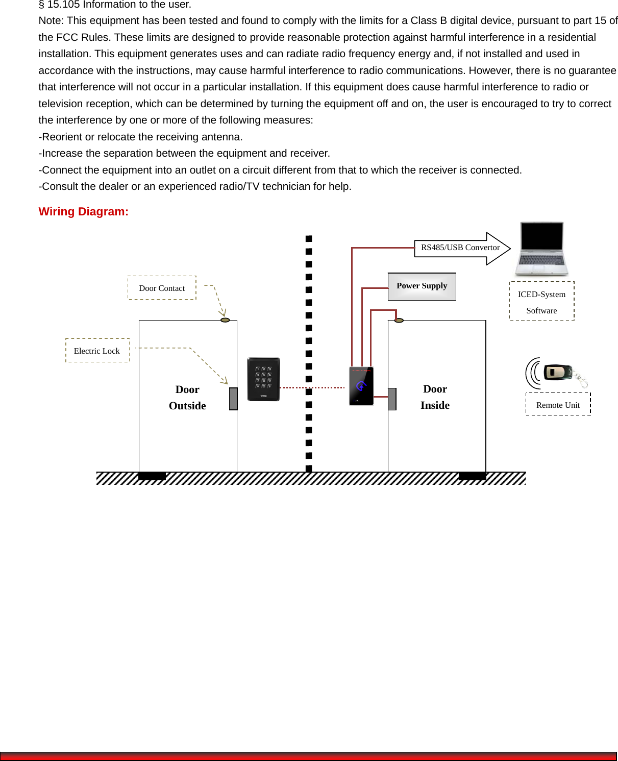       § 15.105 Information to the user. Note: This equipment has been tested and found to comply with the limits for a Class B digital device, pursuant to part 15 of the FCC Rules. These limits are designed to provide reasonable protection against harmful interference in a residential installation. This equipment generates uses and can radiate radio frequency energy and, if not installed and used in accordance with the instructions, may cause harmful interference to radio communications. However, there is no guarantee that interference will not occur in a particular installation. If this equipment does cause harmful interference to radio or   television reception, which can be determined by turning the equipment off and on, the user is encouraged to try to correct the interference by one or more of the following measures: -Reorient or relocate the receiving antenna. -Increase the separation between the equipment and receiver. -Connect the equipment into an outlet on a circuit different from that to which the receiver is connected. -Consult the dealer or an experienced radio/TV technician for help. Wiring Diagram: RS485/USB Convertor Door Outside Door Inside Power Supply  ICED-System Software Door Contact Electric Lock Remote Unit 