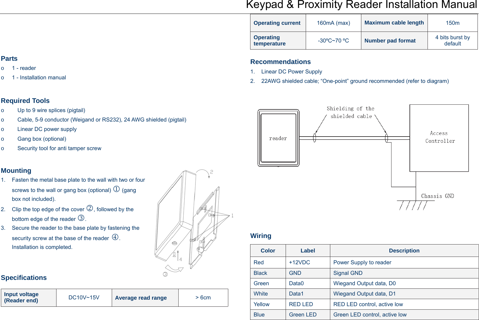 Keypad &amp; Proximity Reader Installation Manual    Parts o  1 - reader o  1 - Installation manual  Required Tools o  Up to 9 wire splices (pigtail) o  Cable, 5-9 conductor (Weigand or RS232), 24 AWG shielded (pigtail) o  Linear DC power supply o  Gang box (optional) o  Security tool for anti tamper screw Mounting 1.  Fasten the metal base plate to the wall with two or four screws to the wall or gang box (optional) 1 (gang box not included). 2.  Clip the top edge of the cover 2, followed by the bottom edge of the reader 3.  3.  Secure the reader to the base plate by fastening the security screw at the base of the reader 4. Installation is completed. Specifications Input voltage   (Reader end)  DC10V~15V  Average read range  &gt; 6cm Operating current 160mA (max)  Maximum cable length 150m Operating temperature  -30ºC~70 ºC  Number pad format  4 bits burst by default Recommendations 1.  Linear DC Power Supply 2.  22AWG shielded cable; “One-point” ground recommended (refer to diagram)           Wiring Color  Label  Description Red  +12VDC  Power Supply to reader Black  GND  Signal GND Green  Data0  Wiegand Output data, D0 White  Data1  Wiegand Output data, D1 Yellow  RED LED  RED LED control, active low Blue  Green LED  Green LED control, active low 