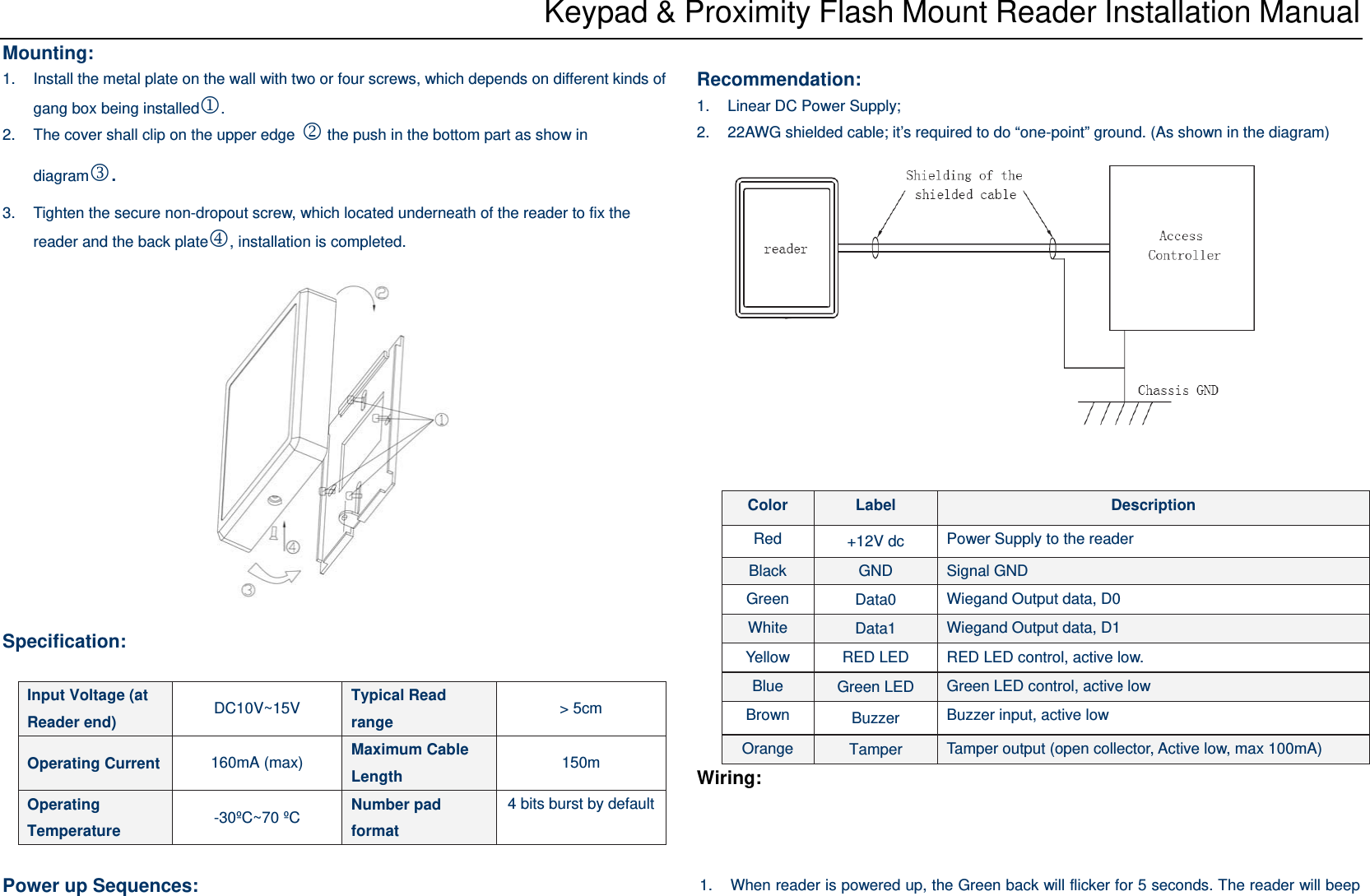 Keypad &amp; Proximity Flash Mount Reader Installation Manual Mounting: 1.  Install the metal plate on the wall with two or four screws, which depends on different kinds of gang box being installed1.  2.  The cover shall clip on the upper edge 2 the push in the bottom part as show in diagram3.  3.  Tighten the secure non-dropout screw, which located underneath of the reader to fix the reader and the back plate4, installation is completed.    Specification:    Recommendation: 1.  Linear DC Power Supply; 2.  22AWG shielded cable; it’s required to do “one-point” ground. (As shown in the diagram)   Wiring:  Power up Sequences:  1.  When reader is powered up, the Green back will flicker for 5 seconds. The reader will beep Input Voltage (at Reader end)  DC10V~15V  Typical Read range  &gt; 5cm Operating Current  160mA (max)  Maximum Cable Length  150m Operating Temperature  -30ºC~70 ºC  Number pad format 4 bits burst by defaultColor  Label  Description Red  +12V dc  Power Supply to the reader Black  GND  Signal GND Green  Data0  Wiegand Output data, D0 White  Data1  Wiegand Output data, D1 Yellow  RED LED  RED LED control, active low. Blue  Green LED  Green LED control, active low Brown  Buzzer  Buzzer input, active low Orange  Tamper  Tamper output (open collector, Active low, max 100mA) 