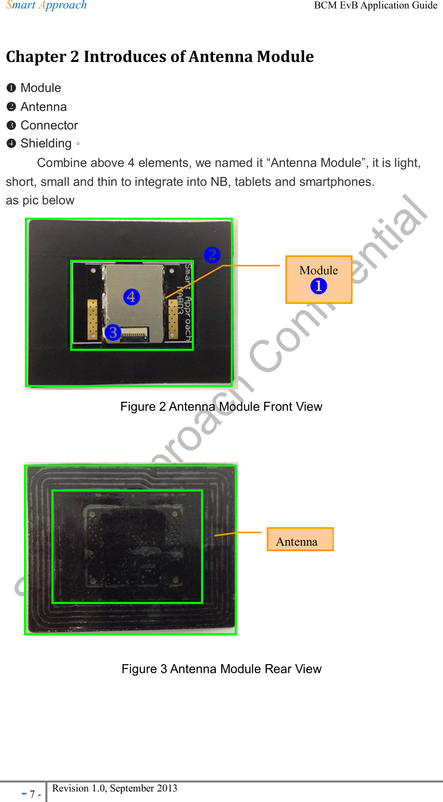 Smart Approach    BCM EvB Application Guide - 7 - Revision 1.0, September 2013                                                             Chapter 2 Introduces of Antenna Module  Module  Antenna  Connector  Shielding。 Combine above 4 elements, we named it “Antenna Module”, it is light, short, small and thin to integrate into NB, tablets and smartphones. as pic below           Figure 2 Antenna Module Front View              Figure 3 Antenna Module Rear View    Antenna   Module    