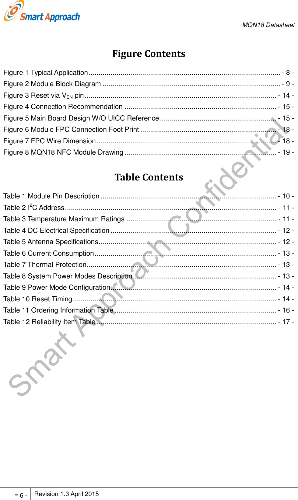     MQN18 Datasheet   - 6 - Revision 1.3 April 2015                                                          Figure Contents Figure 1 Typical Application ................................................................................................. - 8 - Figure 2 Module Block Diagram .......................................................................................... - 9 - Figure 3 Reset via VEN pin ................................................................................................. - 14 - Figure 4 Connection Recommendation ............................................................................. - 15 - Figure 5 Main Board Design W/O UICC Reference ........................................................... - 15 - Figure 6 Module FPC Connection Foot Print ..................................................................... - 18 - Figure 7 FPC Wire Dimension ........................................................................................... - 18 - Figure 8 MQN18 NFC Module Drawing ............................................................................. - 19 - Table Contents Table 1 Module Pin Description ......................................................................................... - 10 - Table 2 I2C Address ........................................................................................................... - 11 - Table 3 Temperature Maximum Ratings ............................................................................ - 11 - Table 4 DC Electrical Specification .................................................................................... - 12 - Table 5 Antenna Specifications .......................................................................................... - 12 - Table 6 Current Consumption ............................................................................................ - 13 - Table 7 Thermal Protection ................................................................................................ - 13 - Table 8 System Power Modes Description ........................................................................ - 13 - Table 9 Power Mode Configuration .................................................................................... - 14 - Table 10 Reset Timing ....................................................................................................... - 14 - Table 11 Ordering Information Table .................................................................................. - 16 - Table 12 Reliability Item Table ........................................................................................... - 17 -  