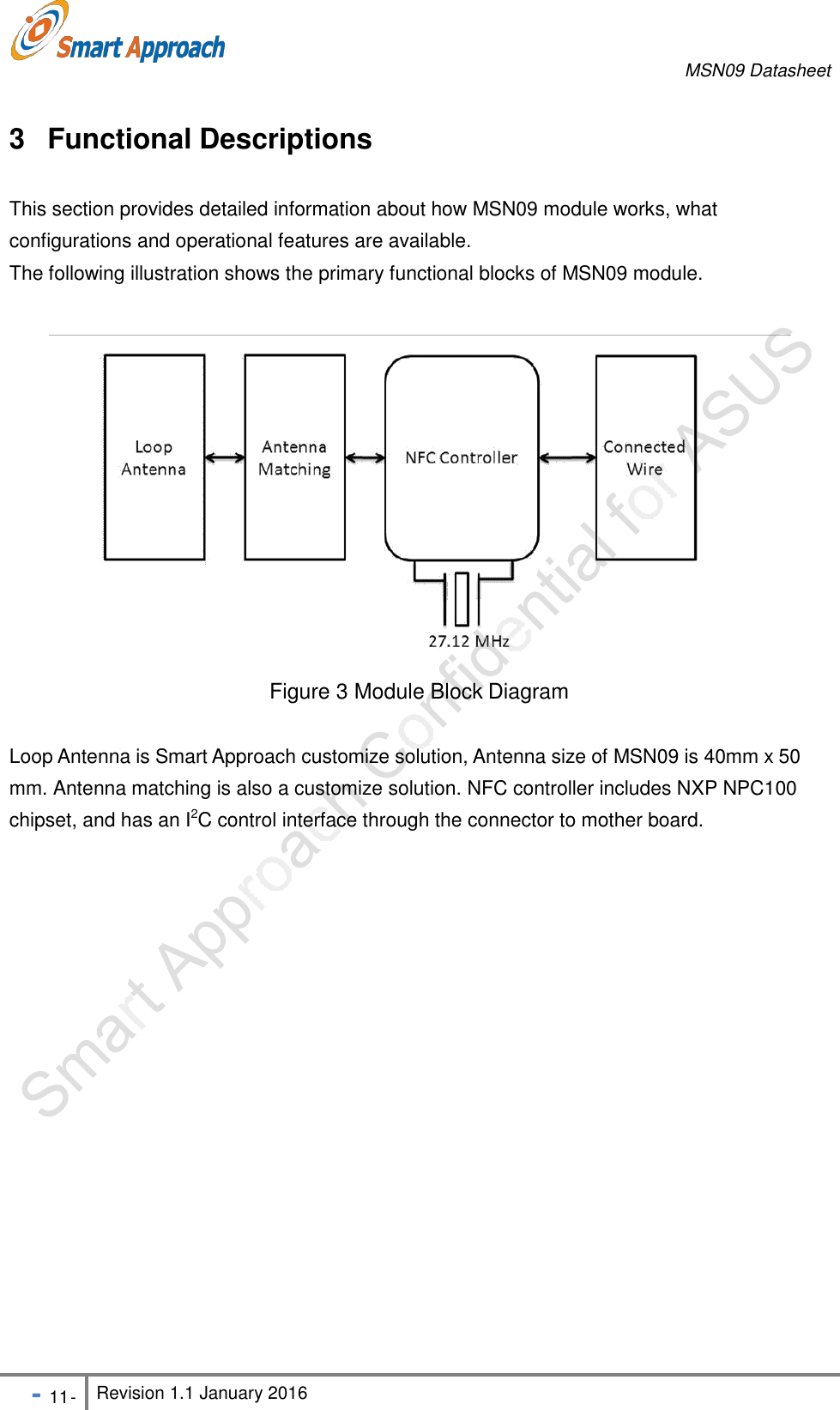 MSN09 Datasheet - 11 - Revision 1.1 January 2016     3 Functional Descriptions  This section provides detailed information about how MSN09 module works, what configurations and operational features are available. The following illustration shows the primary functional blocks of MSN09 module.   Figure 3 Module Block Diagram Loop Antenna is Smart Approach customize solution, Antenna size of MSN09 is 40mm x 50 mm. Antenna matching is also a customize solution. NFC controller includes NXP NPC100 chipset, and has an I2C control interface through the connector to mother board. 