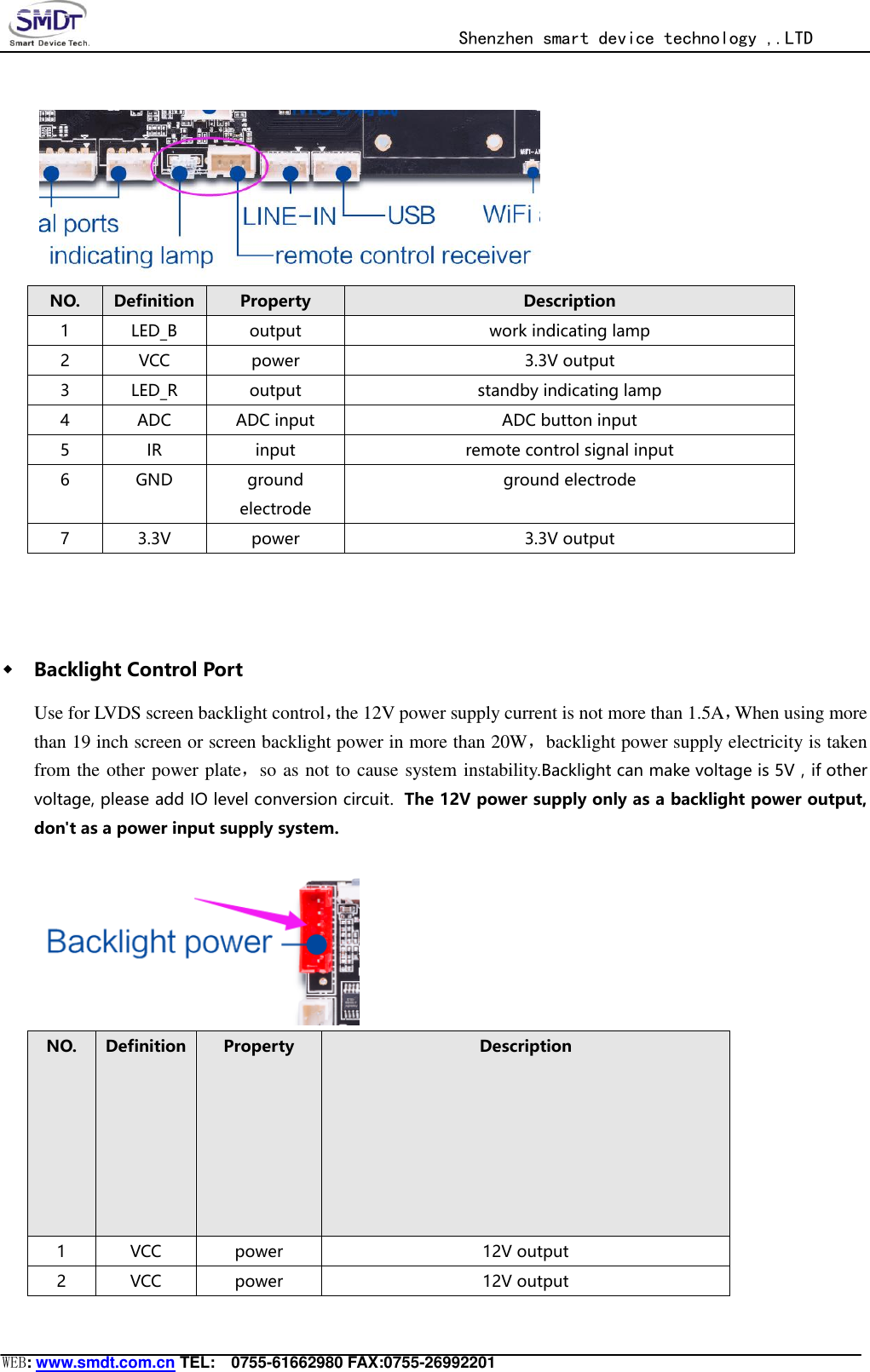                                                  Shenzhen smart device technology ,.LTD  WEB: www.smdt.com.cn TEL:    0755-61662980 FAX:0755-26992201  NO. Definition Property Description 1 LED_B output work indicating lamp 2 VCC power 3.3V output 3 LED_R output standby indicating lamp 4 ADC ADC input ADC button input 5 IR input remote control signal input 6 GND ground electrode ground electrode 7 3.3V power 3.3V output  ◆ Backlight Control Port Use for LVDS screen backlight control，the 12V power supply current is not more than 1.5A，When using more than 19 inch screen or screen backlight power in more than 20W，backlight power supply electricity is taken from the other power plate，so as not to cause system instability.Backlight can make voltage is 5V，if other voltage, please add IO level conversion circuit. The 12V power supply only as a backlight power output, don&apos;t as a power input supply system.  NO. Definition Property Description 1 VCC power 12V output 2 VCC power 12V output 