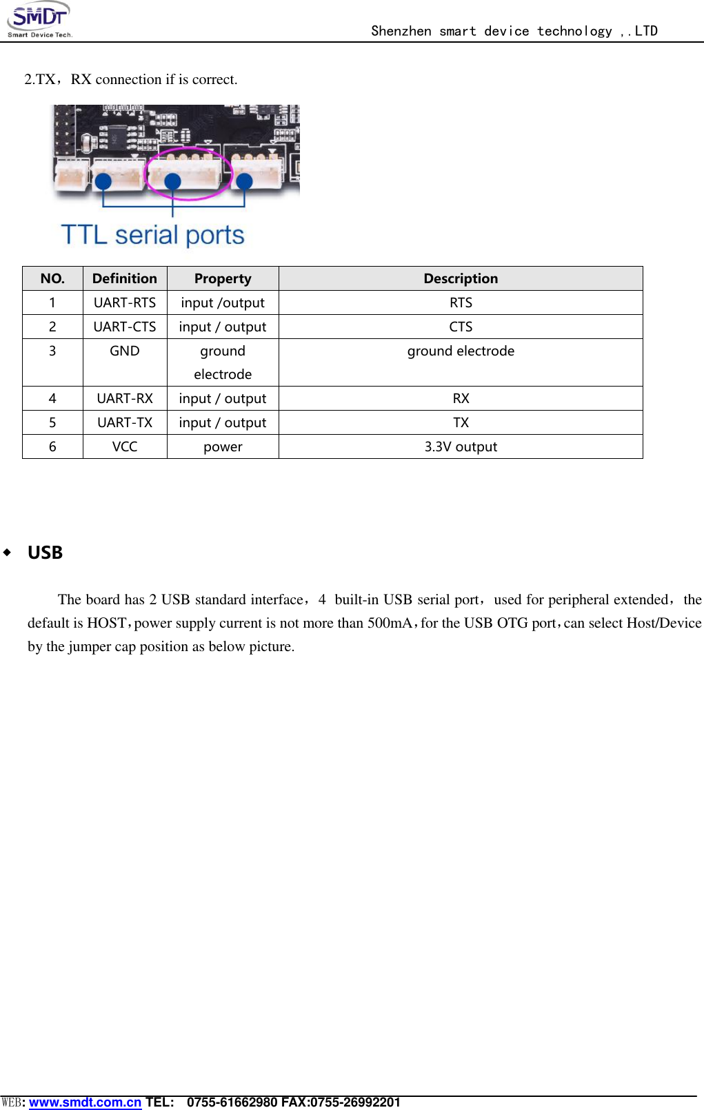                                                  Shenzhen smart device technology ,.LTD  WEB: www.smdt.com.cn TEL:    0755-61662980 FAX:0755-26992201 2.TX，RX connection if is correct.  NO. Definition Property Description 1 UART-RTS input /output RTS 2 UART-CTS input / output CTS 3 GND ground electrode ground electrode 4 UART-RX input / output RX 5 UART-TX input / output TX 6 VCC power 3.3V output  ◆ USB The board has 2 USB standard interface，4 built-in USB serial port，used for peripheral extended，the default is HOST，power supply current is not more than 500mA，for the USB OTG port，can select Host/Device by the jumper cap position as below picture. 