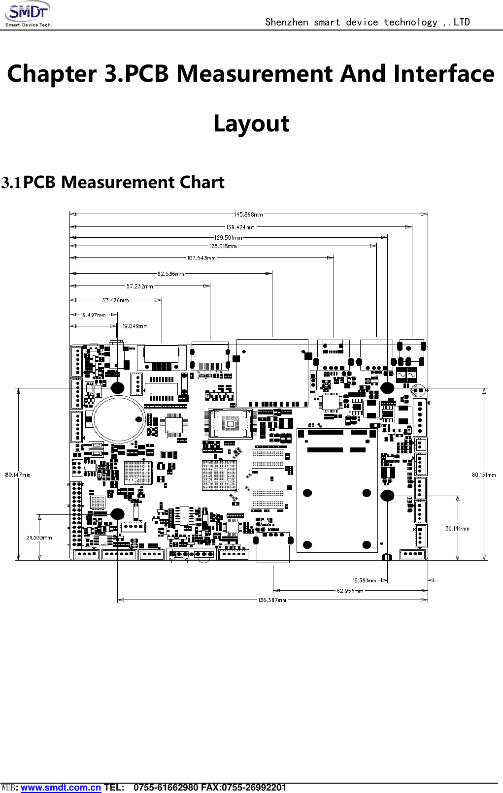                                                  Shenzhen smart device technology ,.LTD  WEB: www.smdt.com.cn TEL:    0755-61662980 FAX:0755-26992201 Chapter 3.PCB Measurement And Interface Layout 3.1 PCB Measurement Chart  