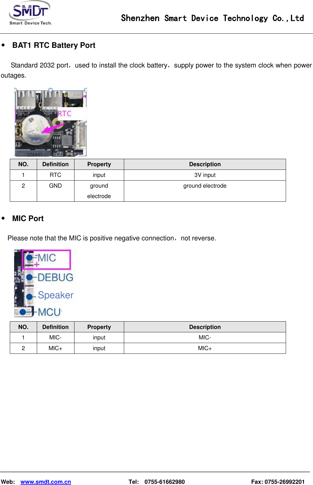                                                    Shenzhen Smart Device Technology Co.,Ltd    Web:    www.smdt.com.cn                    Tel:    0755-61662980                                              Fax: 0755-26992201 ◆ BAT1 RTC Battery Port       Standard 2032 port，used to install the clock battery，supply power to the system clock when power outages.  NO.  Definition  Property  Description 1  RTC  input  3V input 2  GND  ground electrode ground electrode ◆ MIC Port   Please note that the MIC is positive negative connection，not reverse.  NO.  Definition  Property  Description 1  MIC-  input  MIC- 2  MIC+  input  MIC+       Speaker