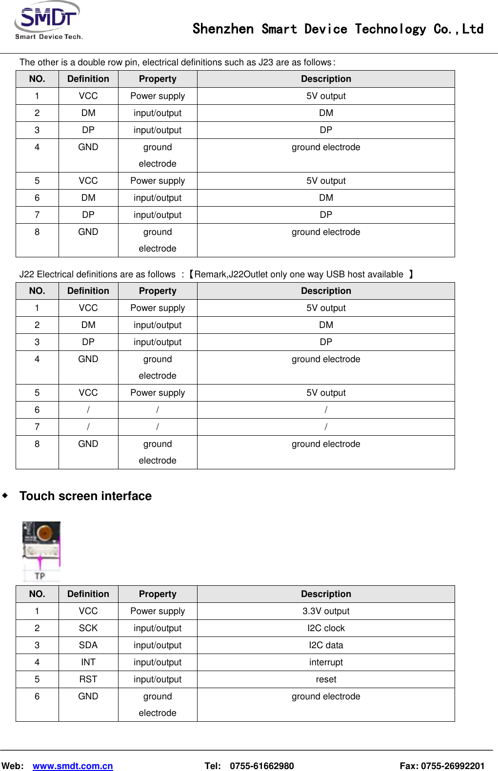                                                    Shenzhen Smart Device Technology Co.,Ltd    Web:    www.smdt.com.cn                    Tel:    0755-61662980                                              Fax: 0755-26992201 The other is a double row pin, electrical definitions such as J23 are as follows： NO.  Definition  Property  Description 1  VCC  Power supply  5V output 2  DM  input/output  DM 3  DP  input/output  DP 4  GND  ground electrode ground electrode 5  VCC  Power supply  5V output 6  DM  input/output  DM 7  DP  input/output  DP 8  GND  ground electrode ground electrode J22 Electrical definitions are as follows  ：【 Remark,J22Outlet only one way USB host available  】 NO.  Definition  Property  Description 1  VCC  Power supply  5V output 2  DM  input/output  DM 3  DP  input/output  DP 4  GND  ground electrode ground electrode 5  VCC  Power supply  5V output 6  /  /  / 7  /  /  / 8  GND  ground electrode ground electrode ◆ Touch screen interface    NO.  Definition  Property  Description 1  VCC  Power supply  3.3V output 2  SCK  input/output  I2C clock 3  SDA  input/output  I2C data 4  INT  input/output  interrupt 5  RST  input/output  reset 6  GND  ground electrode ground electrode 