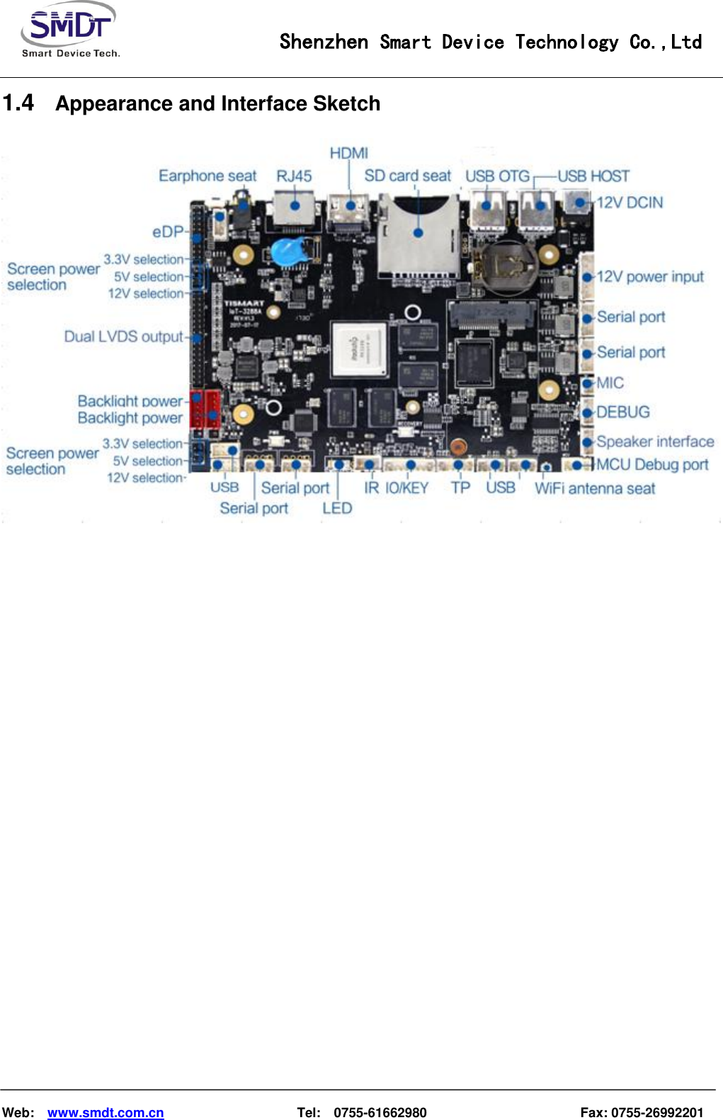                                                    Shenzhen Smart Device Technology Co.,Ltd    Web:    www.smdt.com.cn                    Tel:    0755-61662980                                              Fax: 0755-26992201 1.4 Appearance and Interface Sketch      