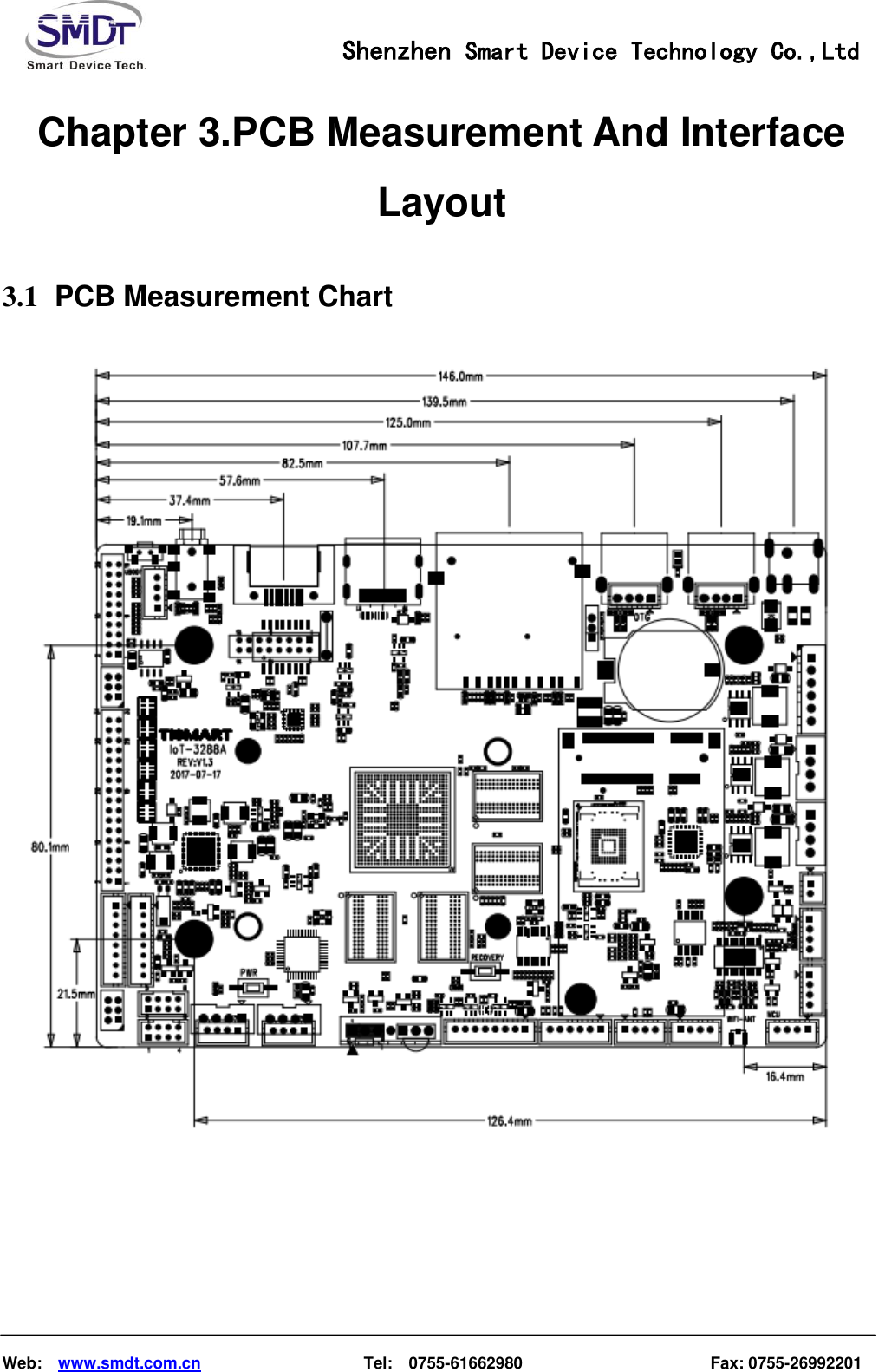                                                    Shenzhen Smart Device Technology Co.,Ltd    Web:    www.smdt.com.cn                    Tel:    0755-61662980                                              Fax: 0755-26992201 Chapter 3.PCB Measurement And Interface Layout 3.1   PCB Measurement Chart  