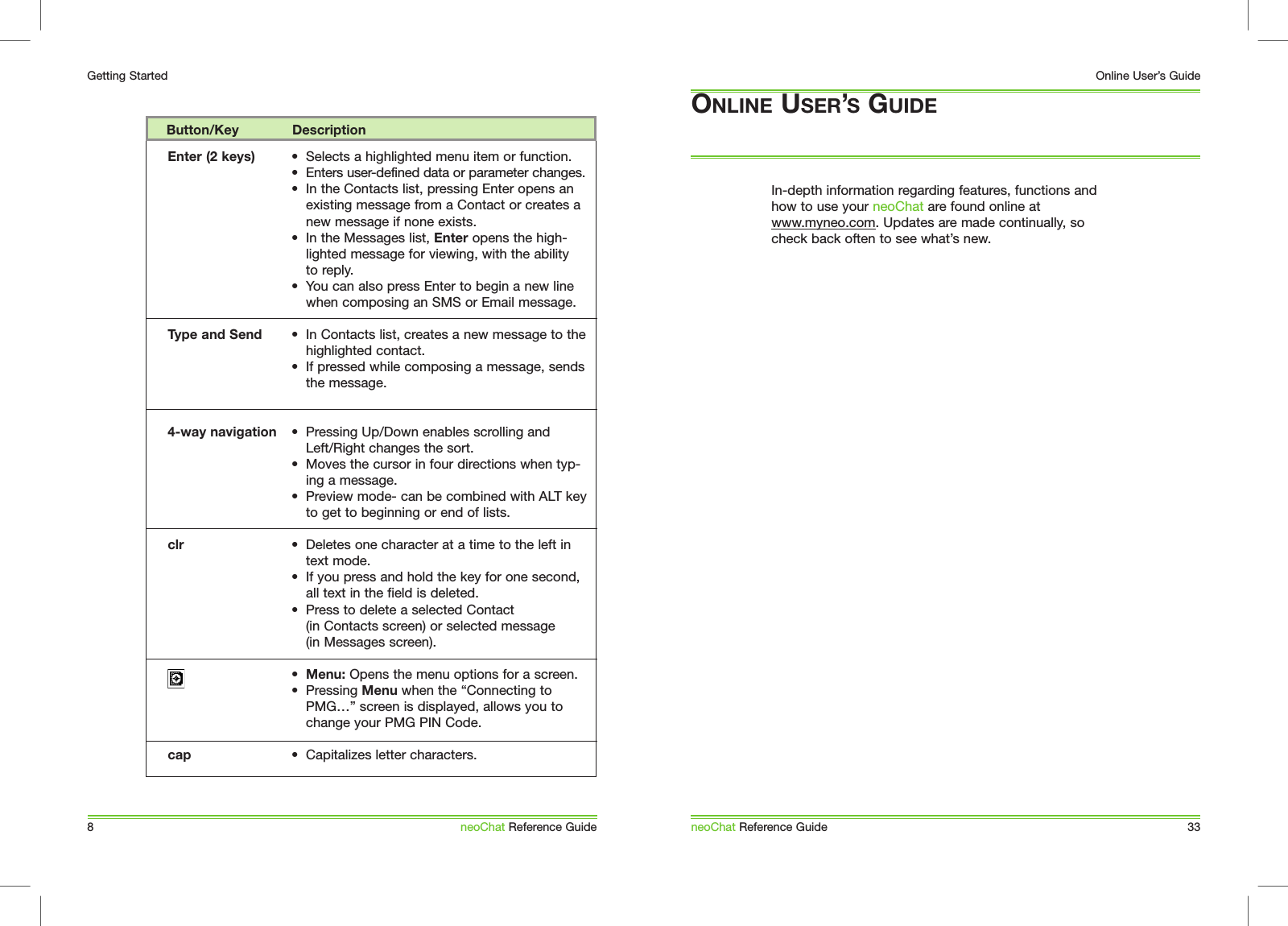 8Getting StartedneoChat Reference Guide    Button/Key             DescriptionEnter (2 keys)Type and Send4-way navigationclrcap&bull;  Selects a highlighted menu item or function.&bull;  Enters user-defined data or parameter changes. &bull;  In the Contacts list, pressing Enter opens an existing message from a Contact or creates a new message if none exists. &bull;  In the Messages list, Enter opens the high-lighted message for viewing, with the ability to reply.&bull;  You can also press Enter to begin a new line when composing an SMS or Email message.&bull;  In Contacts list, creates a new message to the highlighted contact.&bull;  If pressed while composing a message, sends the message. &bull;  Pressing Up/Down enables scrolling and Left/Right changes the sort. &bull;  Moves the cursor in four directions when typ-ing a message. &bull;  Preview mode- can be combined with ALT key to get to beginning or end of lists. &bull;  Deletes one character at a time to the left in text mode. &bull;  If you press and hold the key for one second, all text in the field is deleted.&bull;  Press to delete a selected Contact (in Contacts screen) or selected message (in Messages screen).&bull;  Menu: Opens the menu options for a screen.&bull;  Pressing Menu when the &ldquo;Connecting to PMG&hellip;&rdquo; screen is displayed, allows you to change your PMG PIN Code.&bull;  Capitalizes letter characters. In-depth information regarding features, functions and how to use your neoChat are found online at www.myneo.com. Updates are made continually, so check back often to see what&rsquo;s new. ONLINE USER&rsquo;S GUIDEneoChat Reference Guide 33Online User&rsquo;s Guide