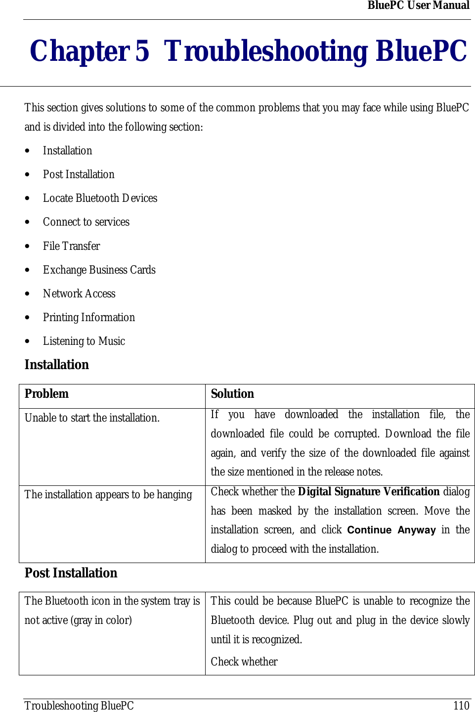 BluePC User ManualTroubleshooting BluePC 110Chapter 5 Troubleshooting BluePCThis section gives solutions to some of the common problems that you may face while using BluePCand is divided into the following section:&bull; Installation&bull; Post Installation&bull; Locate Bluetooth Devices&bull; Connect to services&bull; File Transfer&bull; Exchange Business Cards&bull; Network Access&bull; Printing Information&bull; Listening to MusicInstallationProblem SolutionUnable to start the installation. If you have downloaded the installation file, thedownloaded file could be corrupted. Download the fileagain, and verify the size of the downloaded file againstthe size mentioned in the release notes.The installation appears to be hanging Check whether the Digital Signature Verification dialoghas been masked by the installation screen. Move theinstallation screen, and click Continue Anyway in thedialog to proceed with the installation.Post InstallationThe Bluetooth icon in the system tray isnot active (gray in color)This could be because BluePC is unable to recognize theBluetooth device. Plug out and plug in the device slowlyuntil it is recognized.Check whether