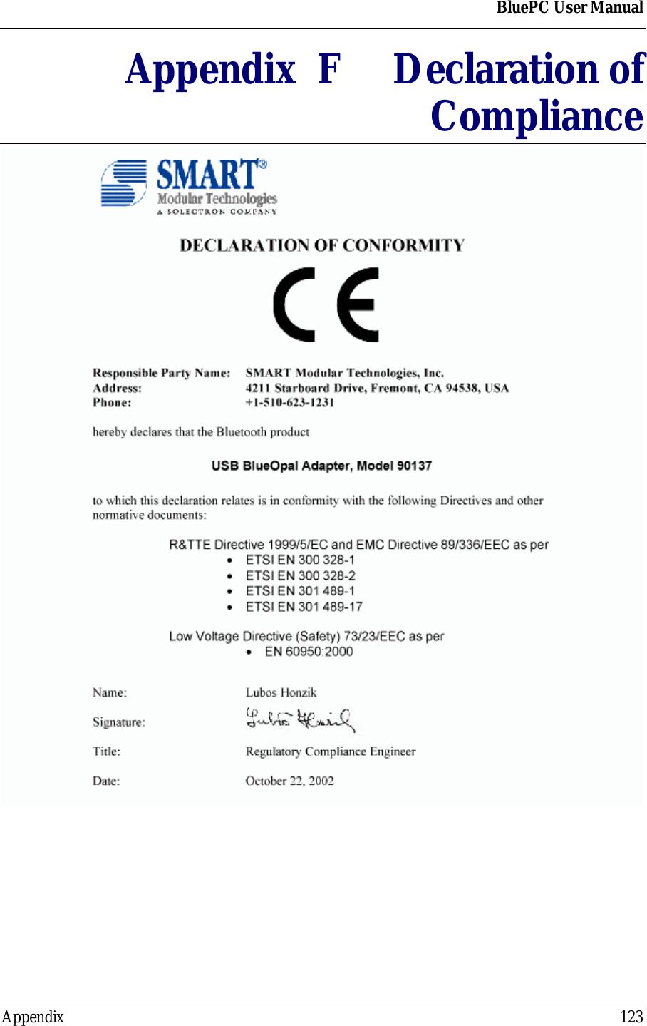 BluePC User ManualAppendix 123Appendix  F Declaration ofCompliance