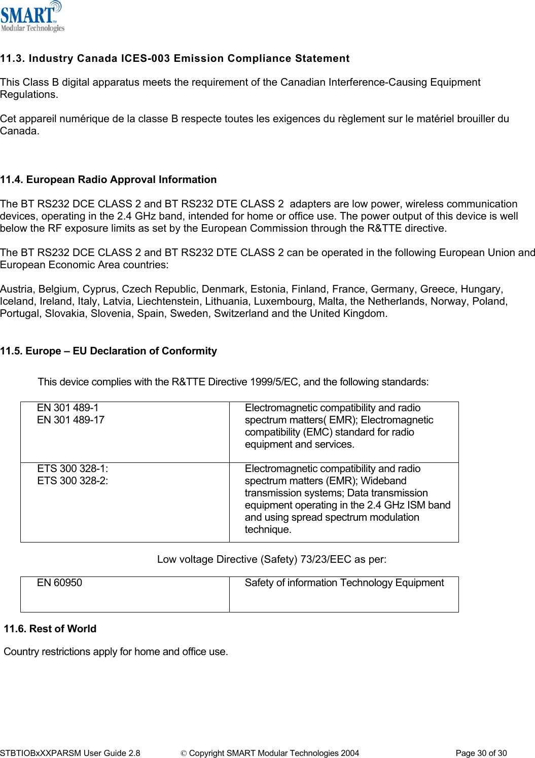   11.3. Industry Canada ICES-003 Emission Compliance Statement  This Class B digital apparatus meets the requirement of the Canadian Interference-Causing Equipment Regulations.   Cet appareil num&eacute;rique de la classe B respecte toutes les exigences du r&egrave;glement sur le mat&eacute;riel brouiller du Canada.    11.4. European Radio Approval Information  The BT RS232 DCE CLASS 2 and BT RS232 DTE CLASS 2  adapters are low power, wireless communication devices, operating in the 2.4 GHz band, intended for home or office use. The power output of this device is well below the RF exposure limits as set by the European Commission through the R&amp;TTE directive.  The BT RS232 DCE CLASS 2 and BT RS232 DTE CLASS 2 can be operated in the following European Union and European Economic Area countries:  Austria, Belgium, Cyprus, Czech Republic, Denmark, Estonia, Finland, France, Germany, Greece, Hungary, Iceland, Ireland, Italy, Latvia, Liechtenstein, Lithuania, Luxembourg, Malta, the Netherlands, Norway, Poland, Portugal, Slovakia, Slovenia, Spain, Sweden, Switzerland and the United Kingdom.  11.5. Europe &ndash; EU Declaration of Conformity This device complies with the R&amp;TTE Directive 1999/5/EC, and the following standards: EN 301 489-1  EN 301 489-17 Electromagnetic compatibility and radio spectrum matters( EMR); Electromagnetic compatibility (EMC) standard for radio equipment and services. ETS 300 328-1: ETS 300 328-2:   Electromagnetic compatibility and radio spectrum matters (EMR); Wideband transmission systems; Data transmission equipment operating in the 2.4 GHz ISM band and using spread spectrum modulation technique.  Low voltage Directive (Safety) 73/23/EEC as per:  EN 60950  Safety of information Technology Equipment   11.6. Rest of World  Country restrictions apply for home and office use. STBTIOBxXXPARSM User Guide 2.8                 &copy; Copyright SMART Modular Technologies 2004                                           Page 30 of 30 