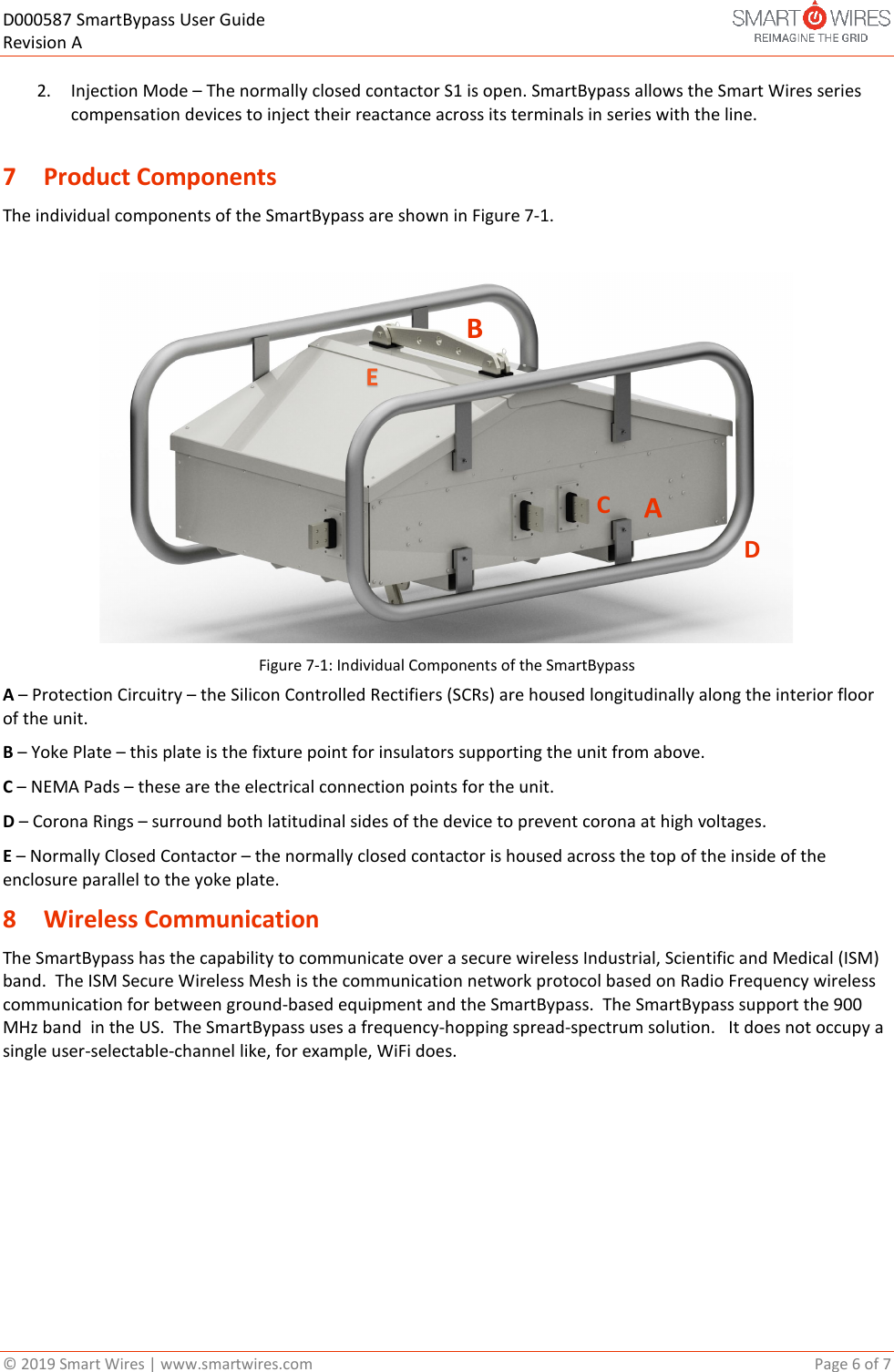 D000587 SmartBypass User Guide   Revision A  &copy; 2019 Smart Wires | www.smartwires.com       Page 6 of 7 2. Injection Mode &ndash; The normally closed contactor S1 is open. SmartBypass allows the Smart Wires series compensation devices to inject their reactance across its terminals in series with the line.  7 Product Components The individual components of the SmartBypass are shown in Figure 7-1.   Figure 7-1: Individual Components of the SmartBypass A &ndash; Protection Circuitry &ndash; the Silicon Controlled Rectifiers (SCRs) are housed longitudinally along the interior floor of the unit. B &ndash; Yoke Plate &ndash; this plate is the fixture point for insulators supporting the unit from above.  C &ndash; NEMA Pads &ndash; these are the electrical connection points for the unit. D &ndash; Corona Rings &ndash; surround both latitudinal sides of the device to prevent corona at high voltages. E &ndash; Normally Closed Contactor &ndash; the normally closed contactor is housed across the top of the inside of the enclosure parallel to the yoke plate. 8 Wireless Communication The SmartBypass has the capability to communicate over a secure wireless Industrial, Scientific and Medical (ISM) band.  The ISM Secure Wireless Mesh is the communication network protocol based on Radio Frequency wireless communication for between ground-based equipment and the SmartBypass.  The SmartBypass support the 900 MHz band  in the US.  The SmartBypass uses a frequency-hopping spread-spectrum solution.   It does not occupy a single user-selectable-channel like, for example, WiFi does.    ABCDE 