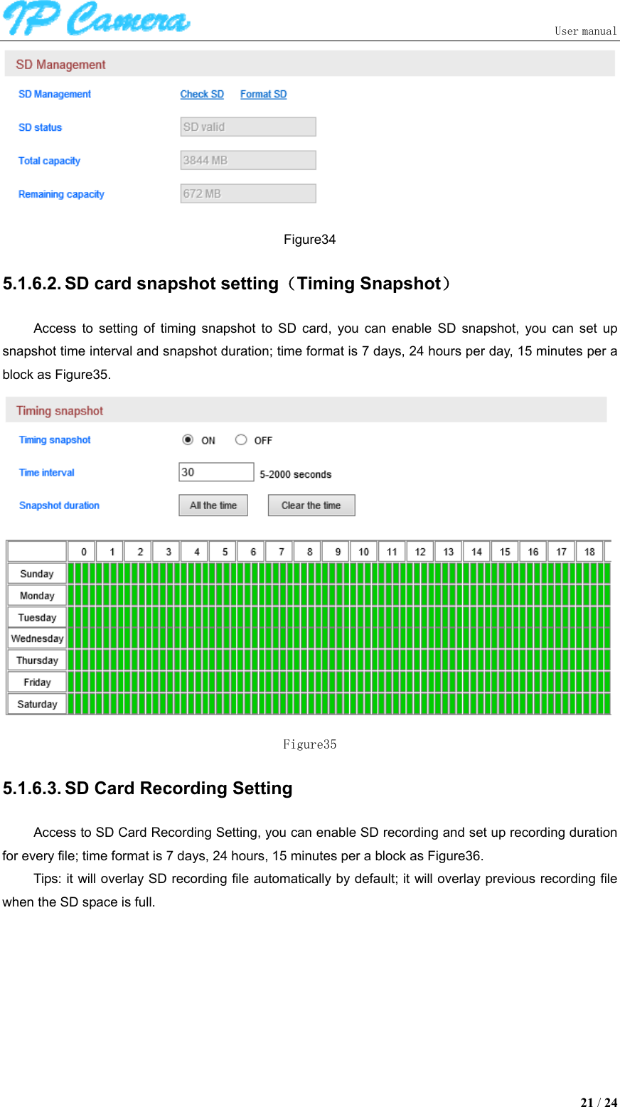                               User manual  21 / 24  Figure34 5.1.6.2. SD card snapshot setting（Timing Snapshot） Access  to  setting  of  timing  snapshot  to  SD  card,  you  can  enable  SD  snapshot,  you  can  set  up snapshot time interval and snapshot duration; time format is 7 days, 24 hours per day, 15 minutes per a block as Figure35.  Figure35 5.1.6.3. SD Card Recording Setting Access to SD Card Recording Setting, you can enable SD recording and set up recording duration for every file; time format is 7 days, 24 hours, 15 minutes per a block as Figure36. Tips: it will overlay SD recording file automatically by default; it will overlay previous recording file when the SD space is full. 