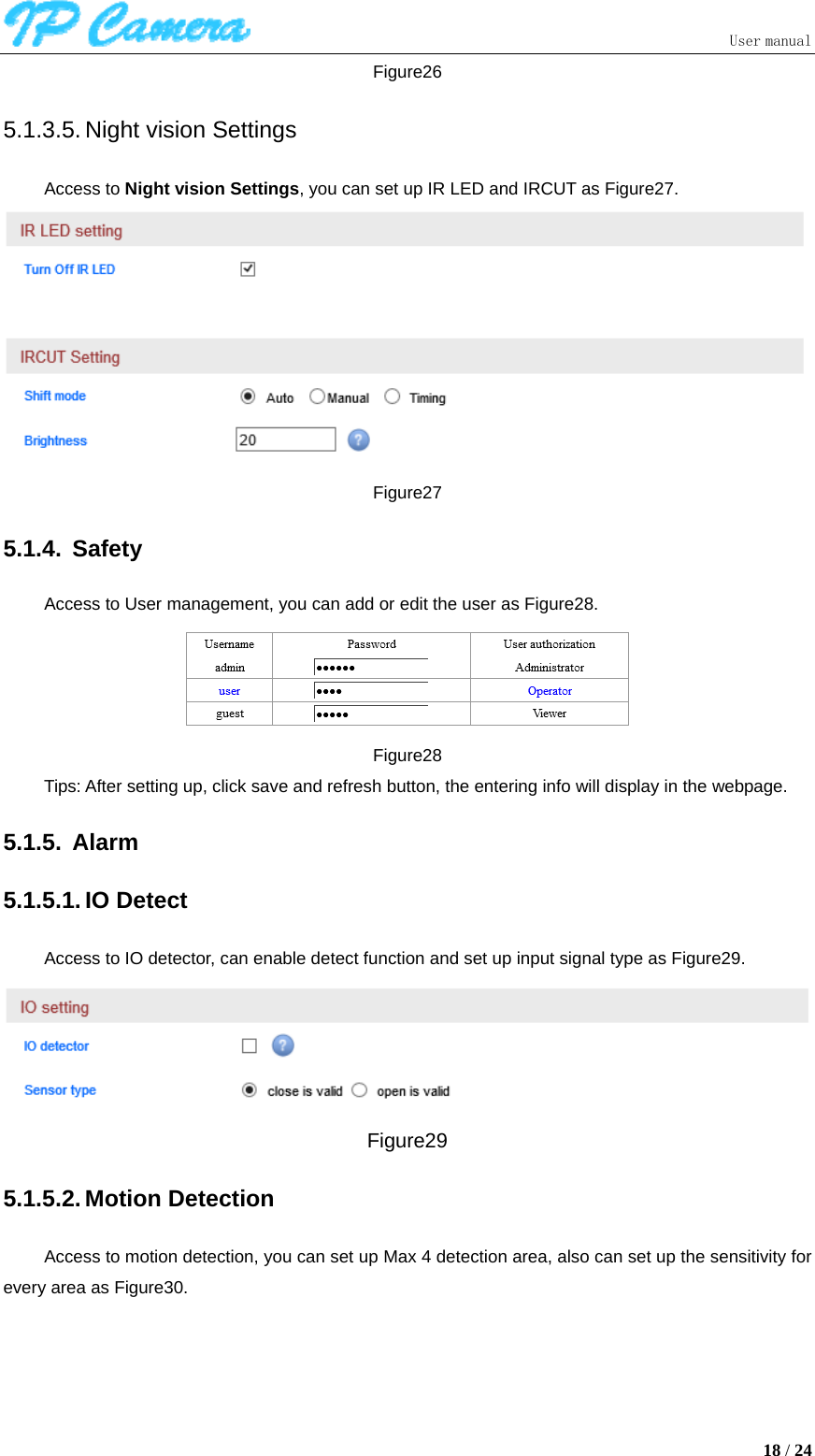                               User manual  18 / 24 Figure26 5.1.3.5. Night vision Settings Access to Night vision Settings, you can set up IR LED and IRCUT as Figure27.  Figure27 5.1.4. Safety Access to User management, you can add or edit the user as Figure28.  Figure28 Tips: After setting up, click save and refresh button, the entering info will display in the webpage. 5.1.5. Alarm 5.1.5.1. IO Detect Access to IO detector, can enable detect function and set up input signal type as Figure29.  Figure29 5.1.5.2. Motion Detection Access to motion detection, you can set up Max 4 detection area, also can set up the sensitivity for every area as Figure30. 