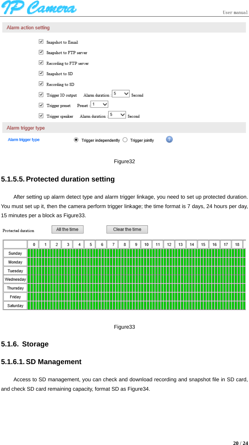                               User manual  20 / 24  Figure32 5.1.5.5. Protected duration setting After setting up alarm detect type and alarm trigger linkage, you need to set up protected duration. You must set up it, then the camera perform trigger linkage; the time format is 7 days, 24 hours per day, 15 minutes per a block as Figure33.  Figure33 5.1.6. Storage 5.1.6.1. SD Management Access to SD management, you can check and download recording and snapshot file in SD card, and check SD card remaining capacity, format SD as Figure34. 