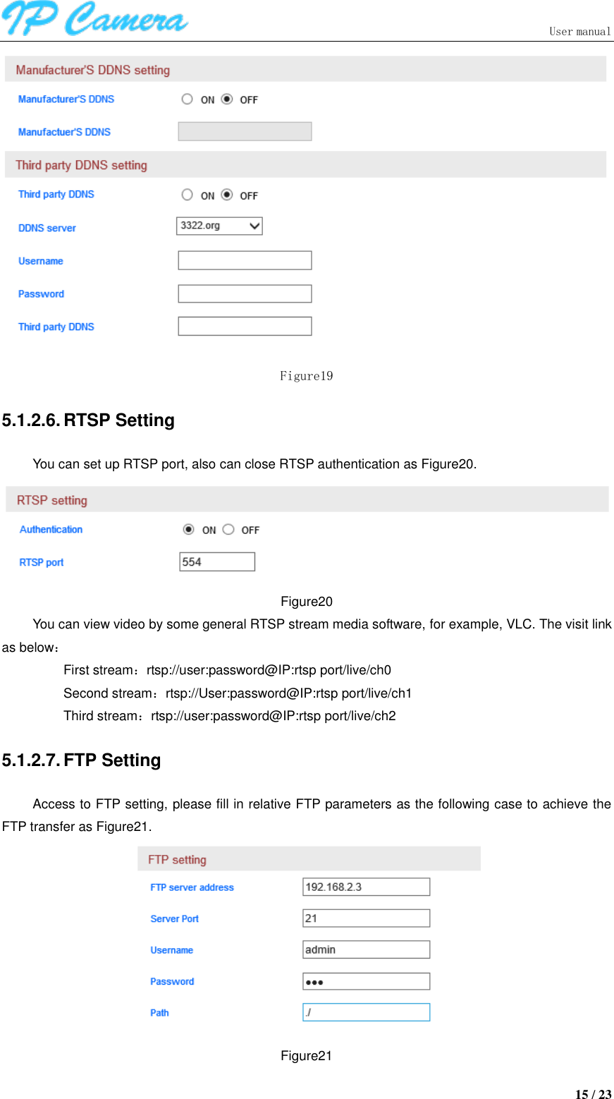                               User manual  15 / 23  Figure19 5.1.2.6. RTSP Setting You can set up RTSP port, also can close RTSP authentication as Figure20.  Figure20 You can view video by some general RTSP stream media software, for example, VLC. The visit link as below： First stream：rtsp://user:password@IP:rtsp port/live/ch0 Second stream：rtsp://User:password@IP:rtsp port/live/ch1 Third stream：rtsp://user:password@IP:rtsp port/live/ch2 5.1.2.7. FTP Setting Access to FTP setting, please fill in relative FTP parameters as the following case to achieve the FTP transfer as Figure21.  Figure21 