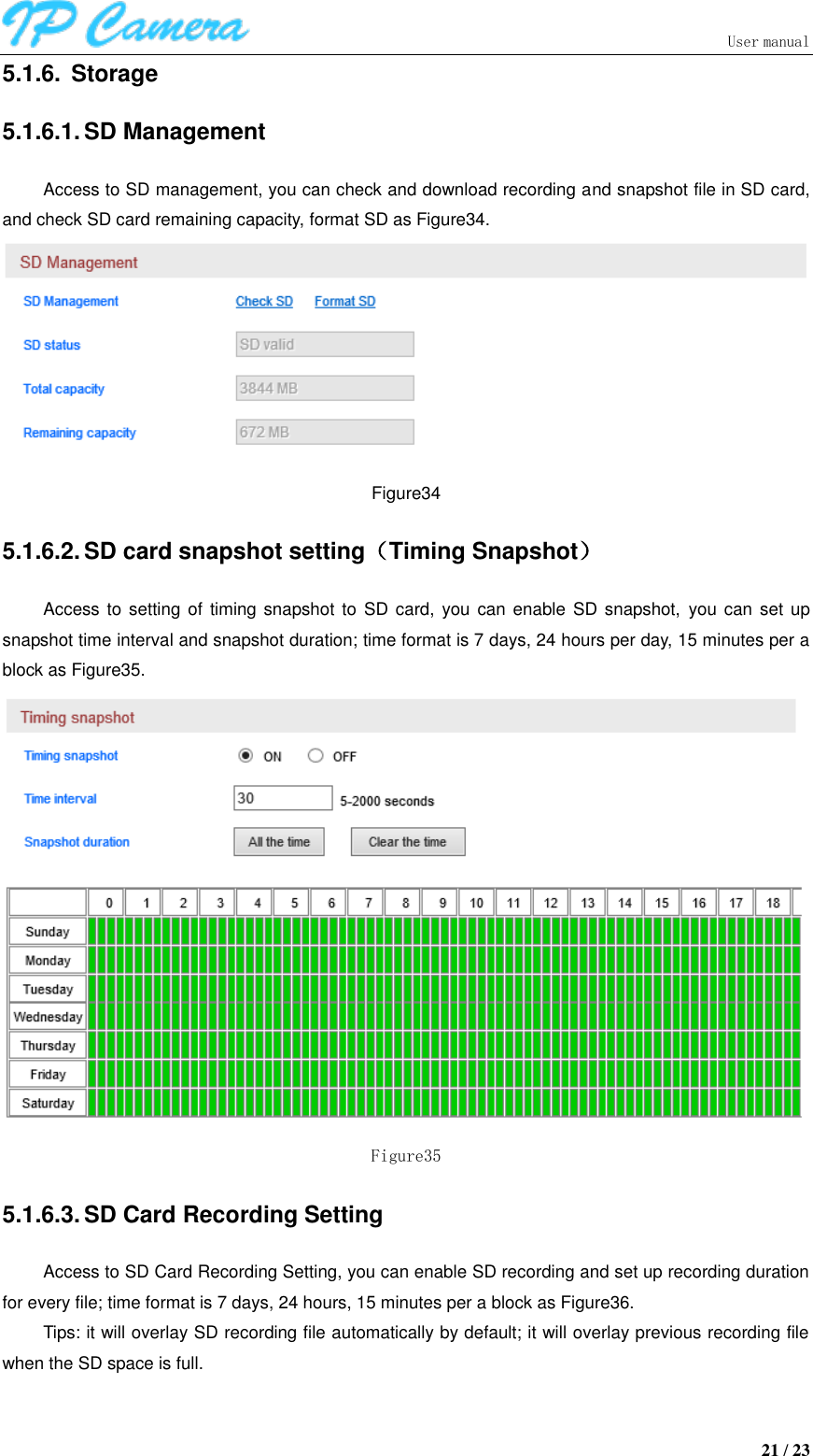                               User manual  21 / 23 5.1.6.  Storage 5.1.6.1. SD Management Access to SD management, you can check and download recording and snapshot file in SD card, and check SD card remaining capacity, format SD as Figure34.  Figure34 5.1.6.2. SD card snapshot setting（Timing Snapshot） Access to setting of  timing snapshot to  SD card, you  can  enable SD snapshot, you can  set up snapshot time interval and snapshot duration; time format is 7 days, 24 hours per day, 15 minutes per a block as Figure35.  Figure35 5.1.6.3. SD Card Recording Setting Access to SD Card Recording Setting, you can enable SD recording and set up recording duration for every file; time format is 7 days, 24 hours, 15 minutes per a block as Figure36. Tips: it will overlay SD recording file automatically by default; it will overlay previous recording file when the SD space is full. 