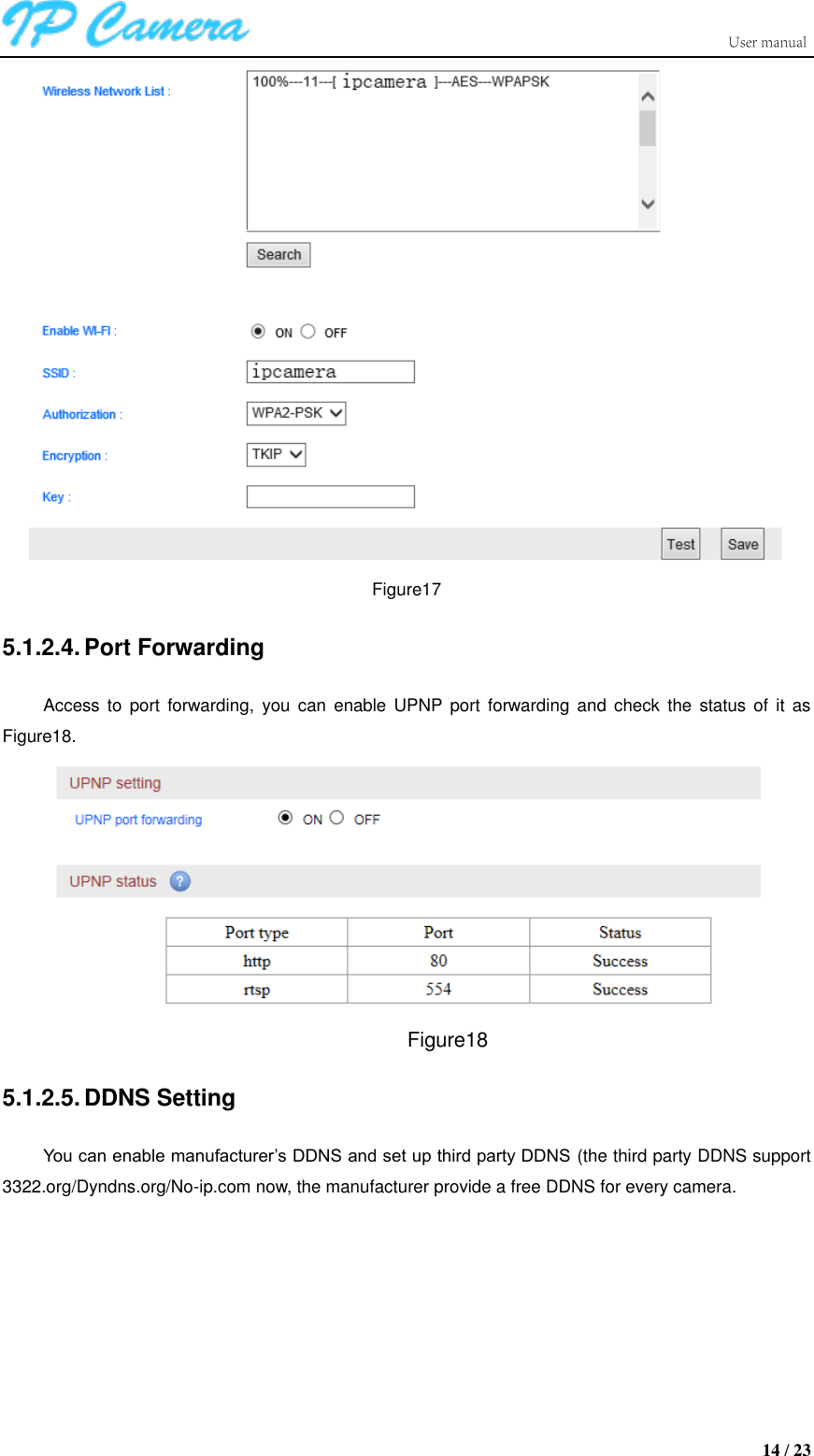                      14 / 23  Figure17 5.1.2.4. Port Forwarding Access  to  port  forwarding,  you  can enable  UPNP port  forwarding and  check  the status of  it  as Figure18.  Figure18 5.1.2.5. DDNS Setting You can enable manufacturer’s DDNS and set up third party DDNS (the third party DDNS support 3322.org/Dyndns.org/No-ip.com now, the manufacturer provide a free DDNS for every camera. 