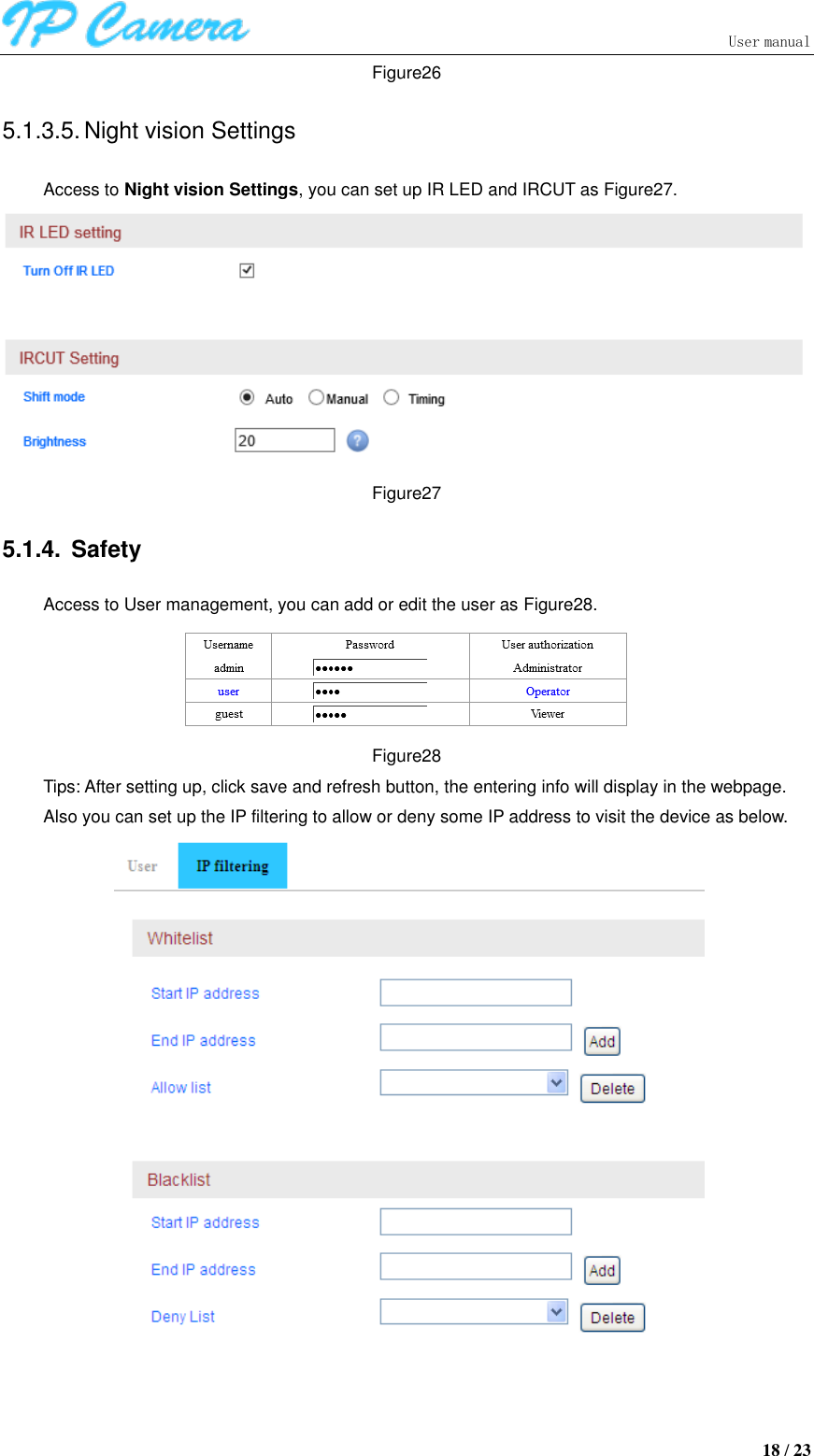                               User manual  18 / 23 Figure26 5.1.3.5. Night vision Settings Access to Night vision Settings, you can set up IR LED and IRCUT as Figure27.  Figure27 5.1.4.  Safety Access to User management, you can add or edit the user as Figure28.  Figure28 Tips: After setting up, click save and refresh button, the entering info will display in the webpage. Also you can set up the IP filtering to allow or deny some IP address to visit the device as below.          