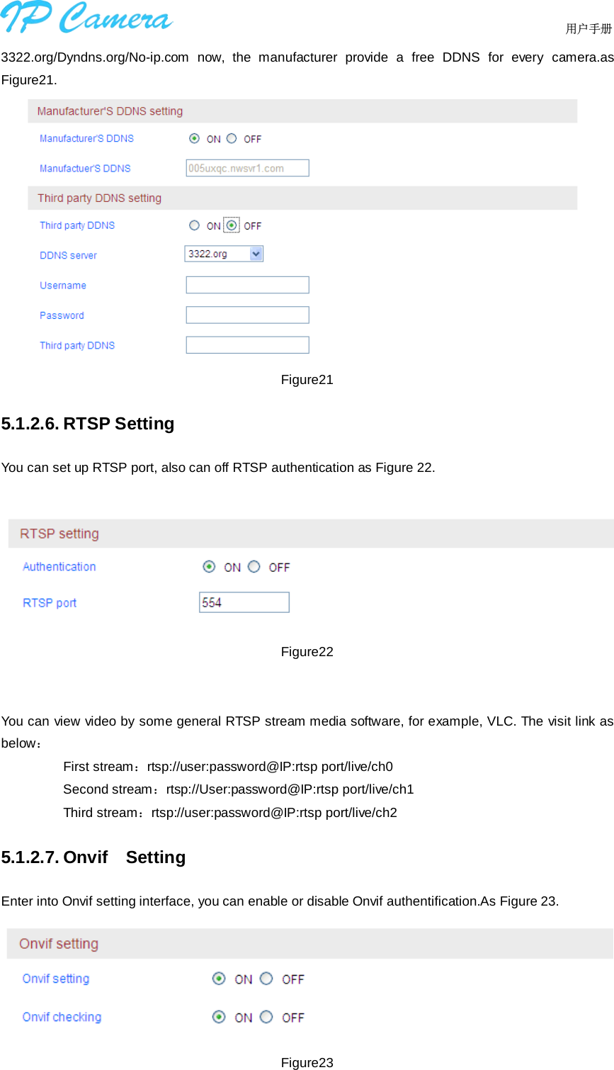                                  用户手册    3322.org/Dyndns.org/No-ip.com now, the manufacturer provide a free DDNS for every camera.as Figure21.  Figure21 5.1.2.6. RTSP Setting You can set up RTSP port, also can off RTSP authentication as Figure 22.   Figure22   You can view video by some general RTSP stream media software, for example, VLC. The visit link as below： First stream：rtsp://user:password@IP:rtsp port/live/ch0 Second stream：rtsp://User:password@IP:rtsp port/live/ch1 Third stream：rtsp://user:password@IP:rtsp port/live/ch2 5.1.2.7. Onvif    Setting Enter into Onvif setting interface, you can enable or disable Onvif authentification.As Figure 23.    Figure23 