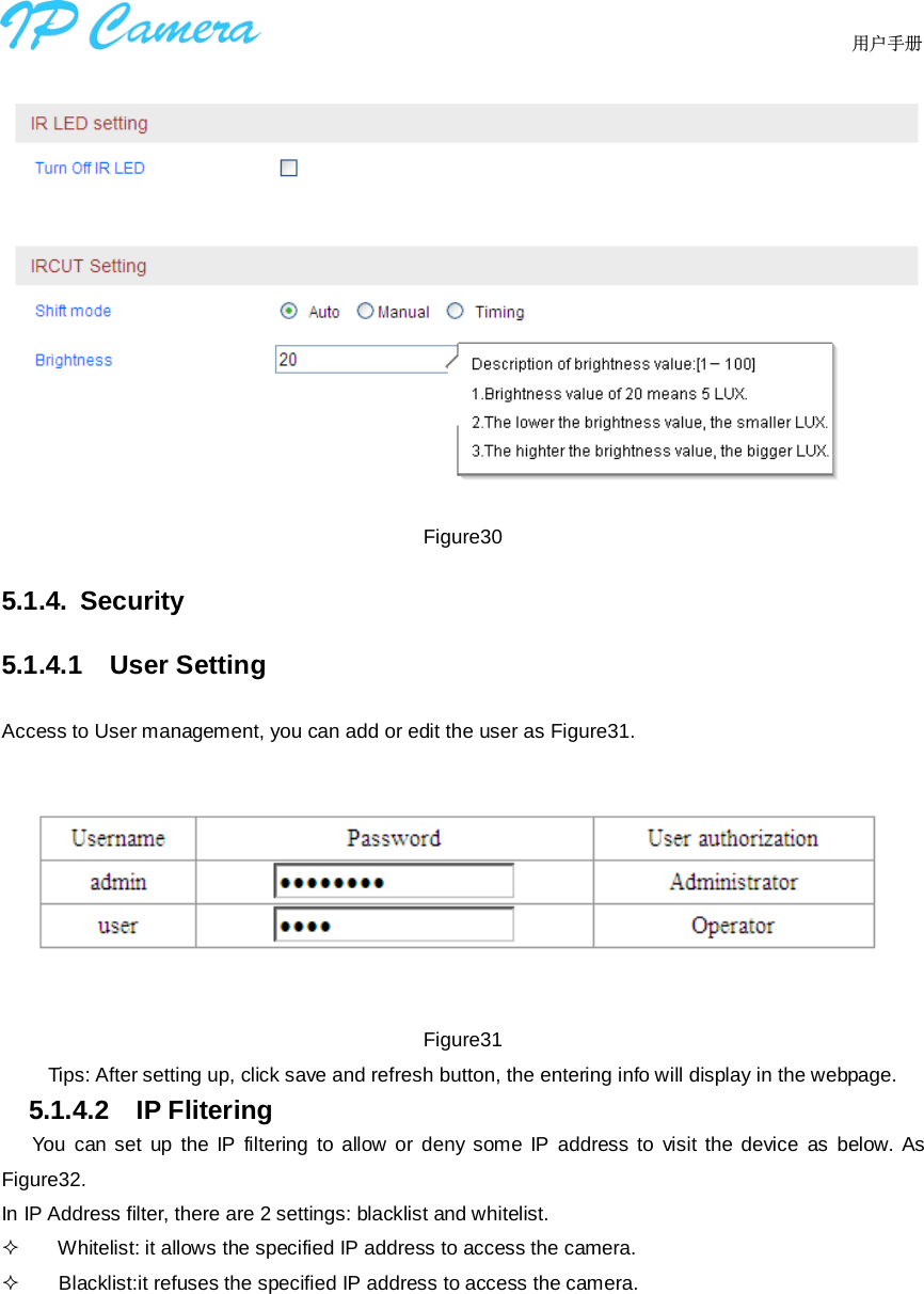                                  用户手册     Figure30 5.1.4.  Security 5.1.4.1 User Setting   Access to User management, you can add or edit the user as Figure31.  Figure31 Tips: After setting up, click save and refresh button, the entering info will display in the webpage.  5.1.4.2 IP Flitering      You can set up the IP filtering to allow or deny some IP address to visit the device as below. As Figure32. In IP Address filter, there are 2 settings: blacklist and whitelist.     Whitelist: it allows the specified IP address to access the camera.     Blacklist:it refuses the specified IP address to access the camera.  