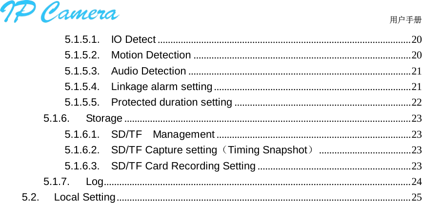                                  用户手册    5.1.5.1. IO Detect ................................................................................................... 20 5.1.5.2. Motion Detection ..................................................................................... 20 5.1.5.3. Audio Detection ....................................................................................... 21 5.1.5.4. Linkage alarm setting ............................................................................. 21 5.1.5.5. Protected duration setting ..................................................................... 22 5.1.6. Storage ................................................................................................................ 23 5.1.6.1. SD/TF  Management ............................................................................ 23 5.1.6.2. SD/TF Capture setting（Timing Snapshot） .................................... 23 5.1.6.3. SD/TF Card Recording Setting ............................................................ 23 5.1.7. Log........................................................................................................................ 24 5.2. Local Setting ................................................................................................................... 25 