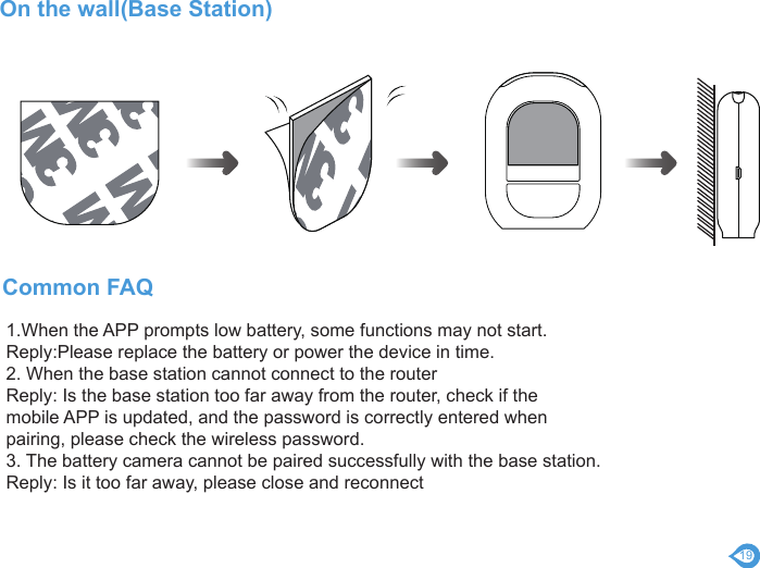 191.When the APP prompts low battery, some functions may not start.Reply:Please replace the battery or power the device in time.2. When the base station cannot connect to the routerReply: Is the base station too far away from the router, check if themobile APP is updated, and the password is correctly entered whenpairing, please check the wireless password.3. The battery camera cannot be paired successfully with the base station.Reply: Is it too far away, please close and reconnectCommon FAQOn the wall(Base Station)