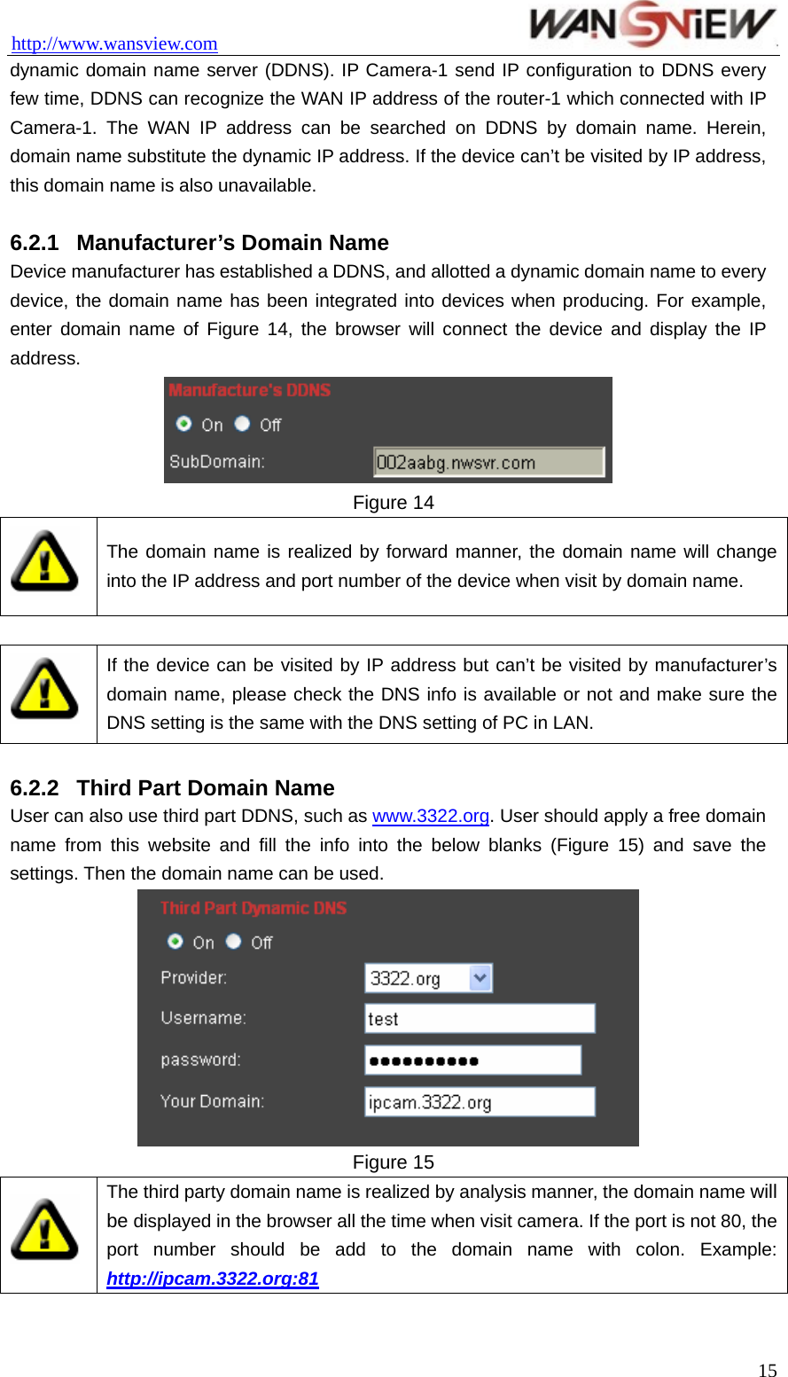 http://www.wansview.com                                 dynamic domain name server (DDNS). IP Camera-1 send IP configuration to DDNS every few time, DDNS can recognize the WAN IP address of the router-1 which connected with IP Camera-1. The WAN IP address can be searched on DDNS by domain name. Herein, domain name substitute the dynamic IP address. If the device can’t be visited by IP address, this domain name is also unavailable.  6.2.1  Manufacturer’s Domain Name Device manufacturer has established a DDNS, and allotted a dynamic domain name to every device, the domain name has been integrated into devices when producing. For example, enter domain name of Figure 14, the browser will connect the device and display the IP address.  Figure 14  The domain name is realized by forward manner, the domain name will change into the IP address and port number of the device when visit by domain name.   If the device can be visited by IP address but can’t be visited by manufacturer’s domain name, please check the DNS info is available or not and make sure the DNS setting is the same with the DNS setting of PC in LAN.  6.2.2  Third Part Domain Name User can also use third part DDNS, such as www.3322.org. User should apply a free domain name from this website and fill the info into the below blanks (Figure 15) and save the settings. Then the domain name can be used.  Figure 15  The third party domain name is realized by analysis manner, the domain name will be displayed in the browser all the time when visit camera. If the port is not 80, the port number should be add to the domain name with colon. Example: http://ipcam.3322.org:81   15