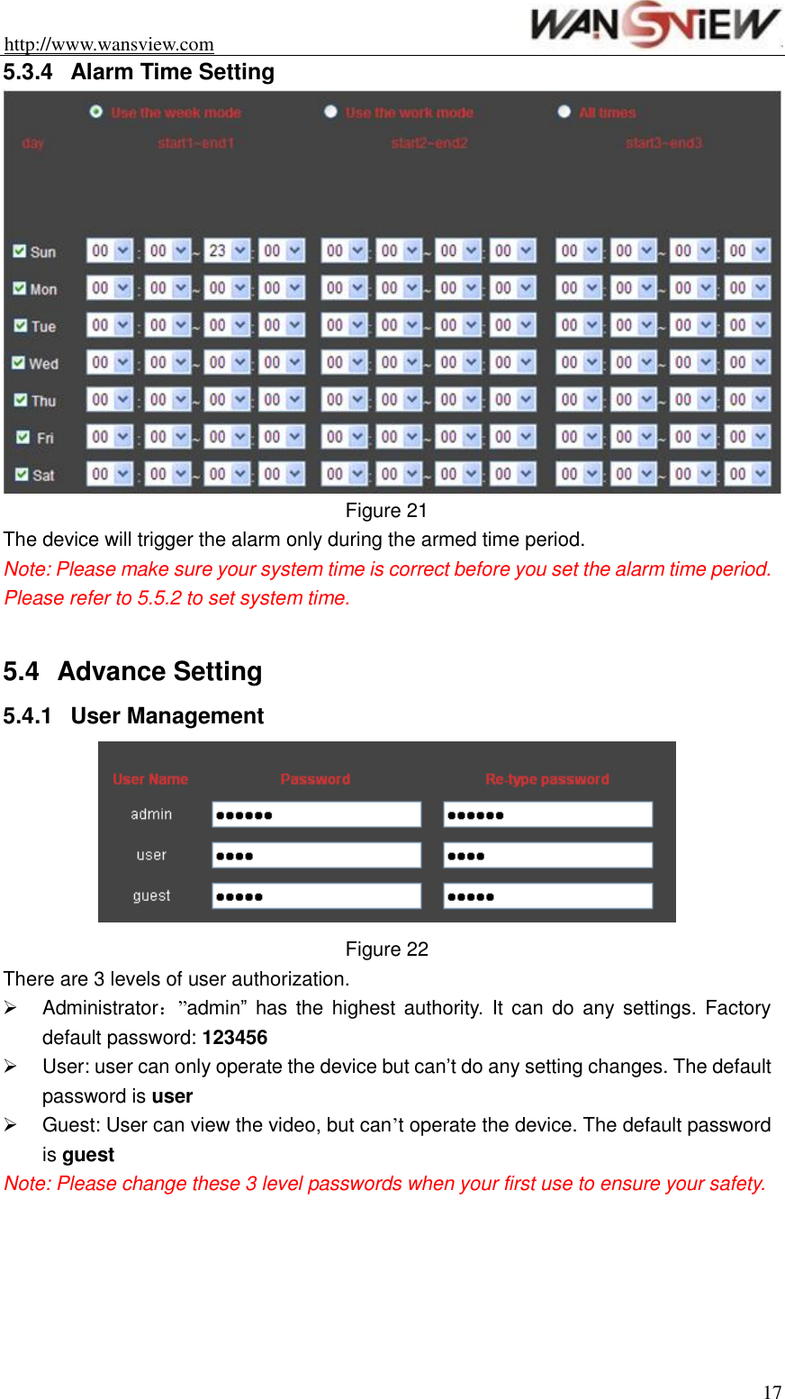 http://www.wansview.com                                                                17 5.3.4  Alarm Time Setting  Figure 21   The device will trigger the alarm only during the armed time period.   Note: Please make sure your system time is correct before you set the alarm time period. Please refer to 5.5.2 to set system time.  5.4  Advance Setting 5.4.1  User Management  Figure 22 There are 3 levels of user authorization.   Administrator：”admin”  has  the  highest  authority.  It can  do  any settings.  Factory default password: 123456   User: user can only operate the device but can’t do any setting changes. The default password is user   Guest: User can view the video, but can’t operate the device. The default password is guest Note: Please change these 3 level passwords when your first use to ensure your safety.    