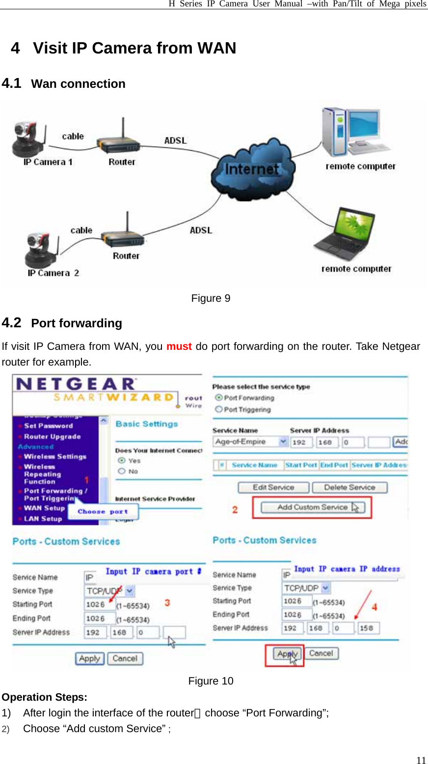 H Series IP Camera User Manual –with Pan/Tilt of Mega pixels  114  Visit IP Camera from WAN 4.1  Wan connection  Figure 9 4.2  Port forwarding If visit IP Camera from WAN, you must do port forwarding on the router. Take Netgear router for example.  Figure 10 Operation Steps: 1)  After login the interface of the router，choose “Port Forwarding”; 2)  Choose “Add custom Service” ; 